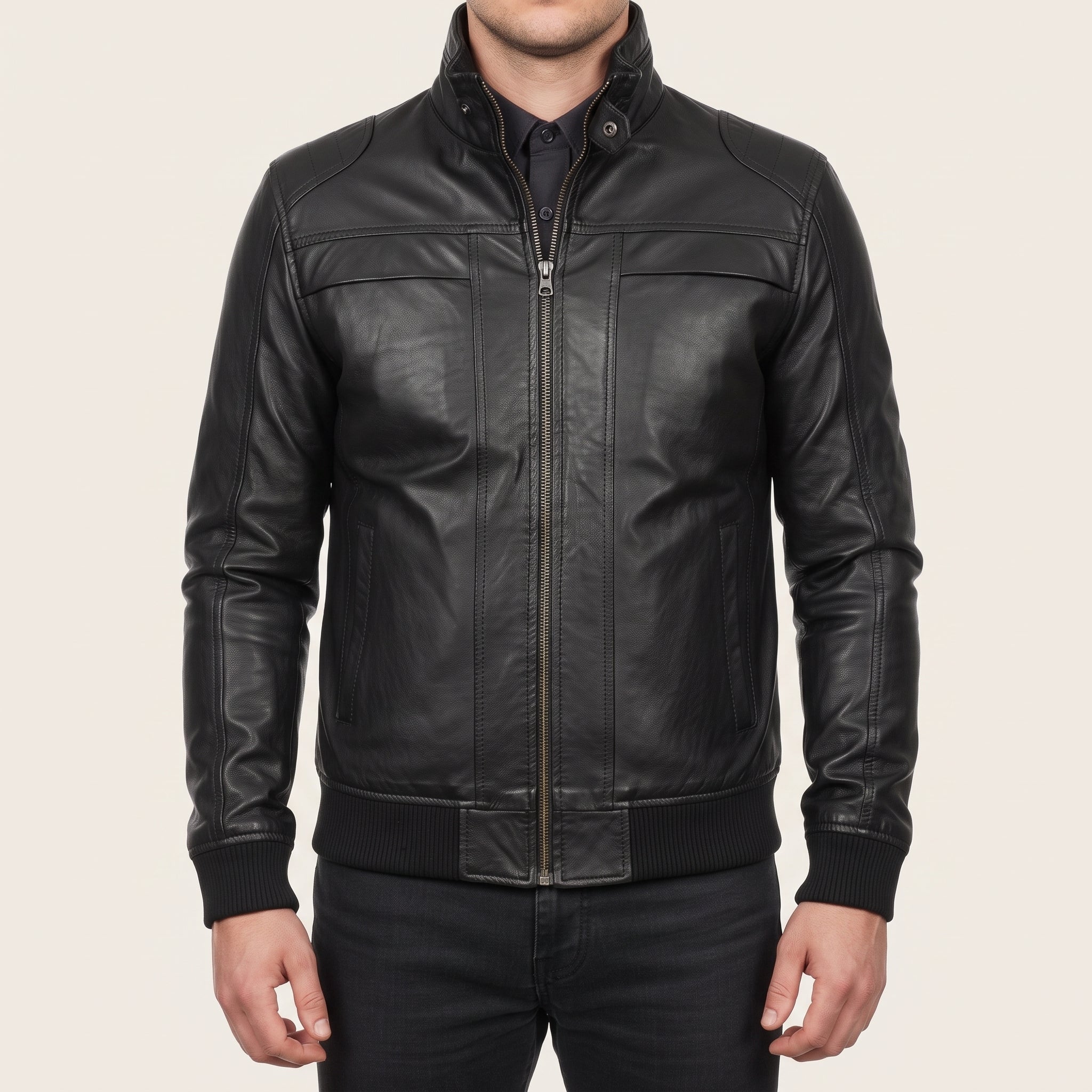 Men's Black Leather Bomber Jacket — Blake