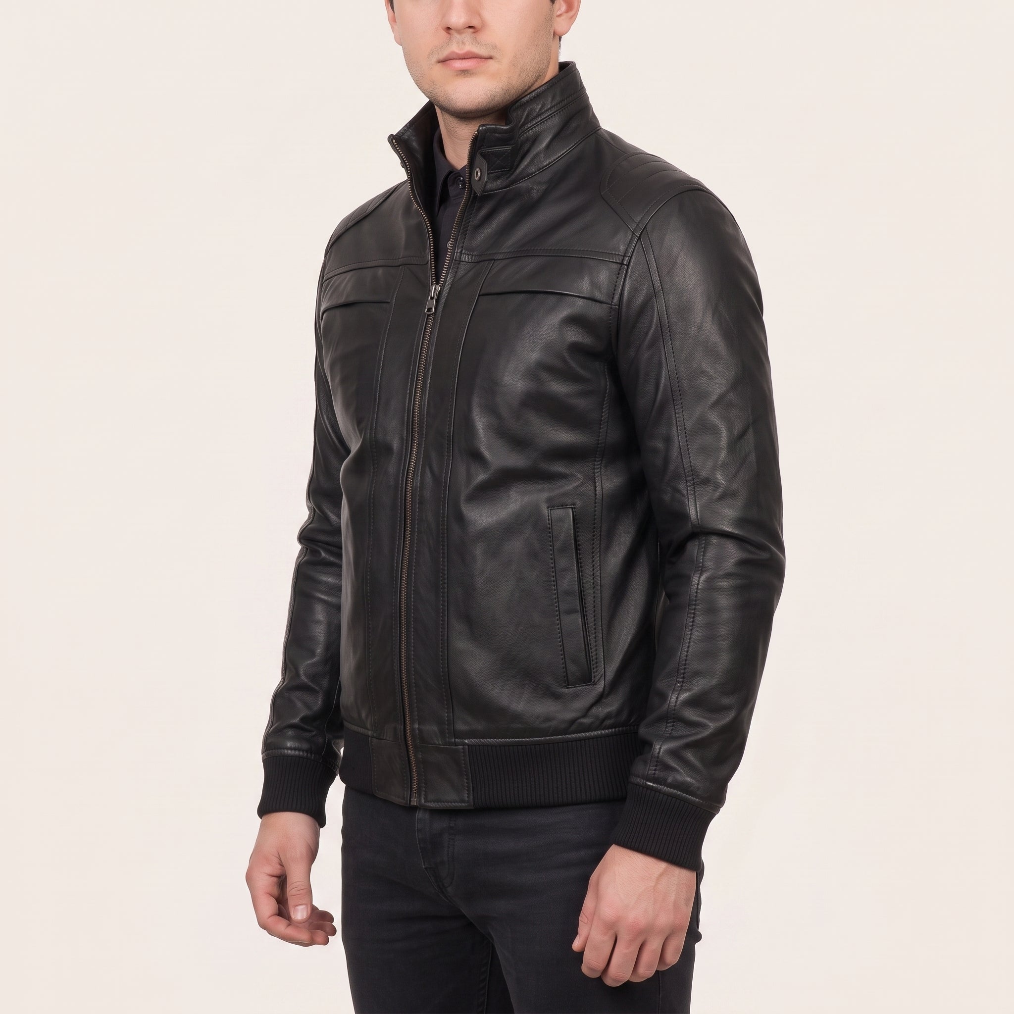 Men's Black Leather Bomber Jacket — Blake