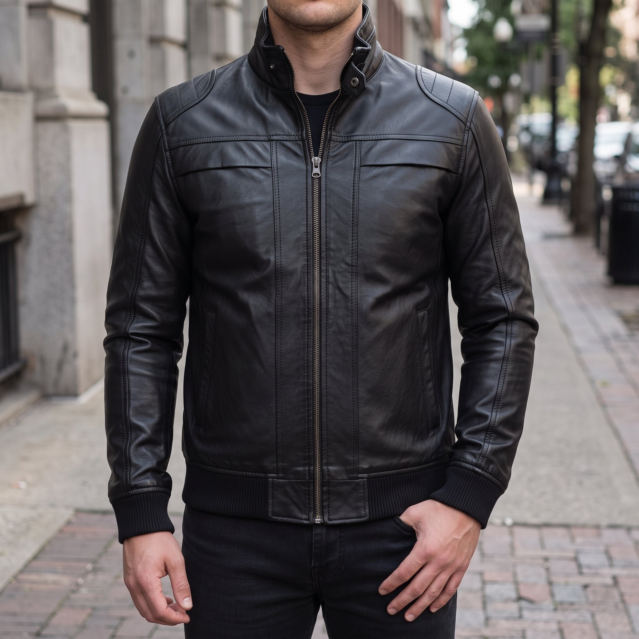 Men's Black Leather Bomber Jacket — Blake
