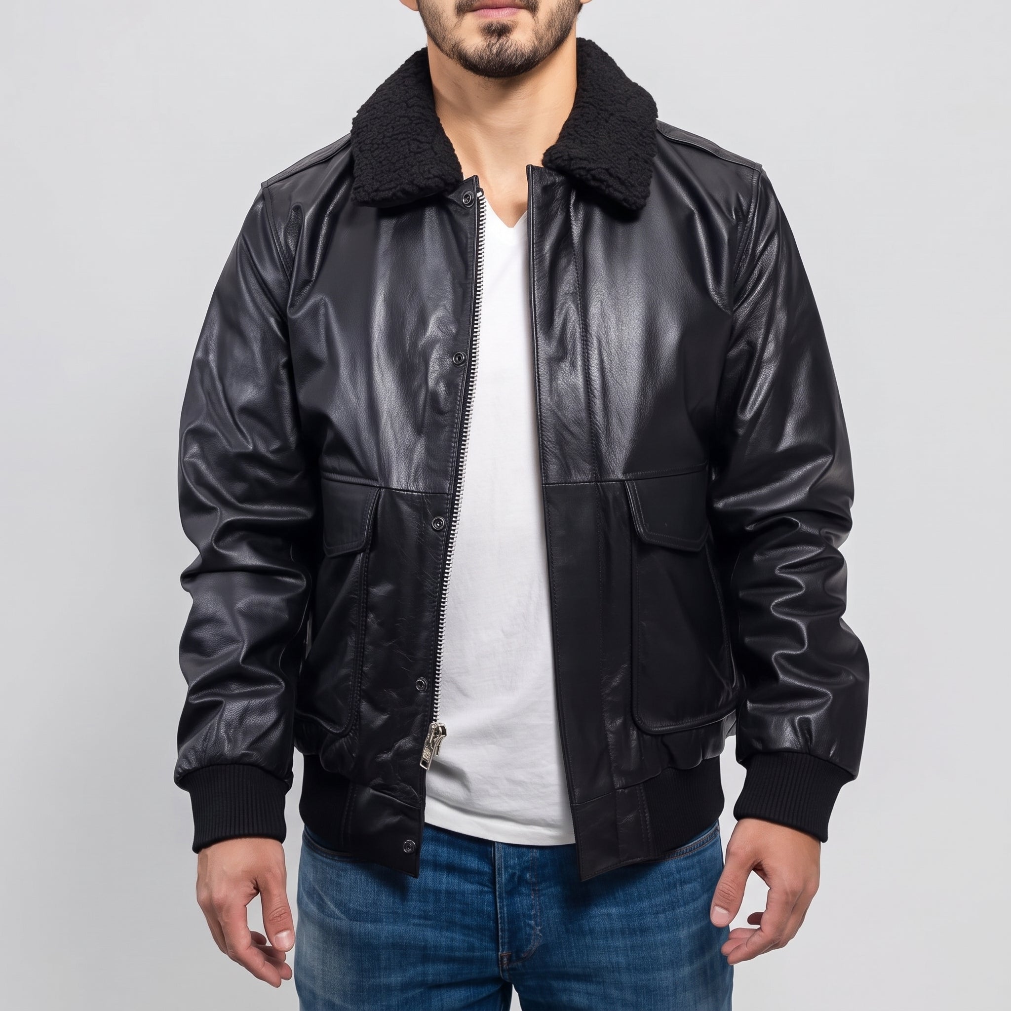 Men's Black Leather Bomber Jacket — Gilchrist