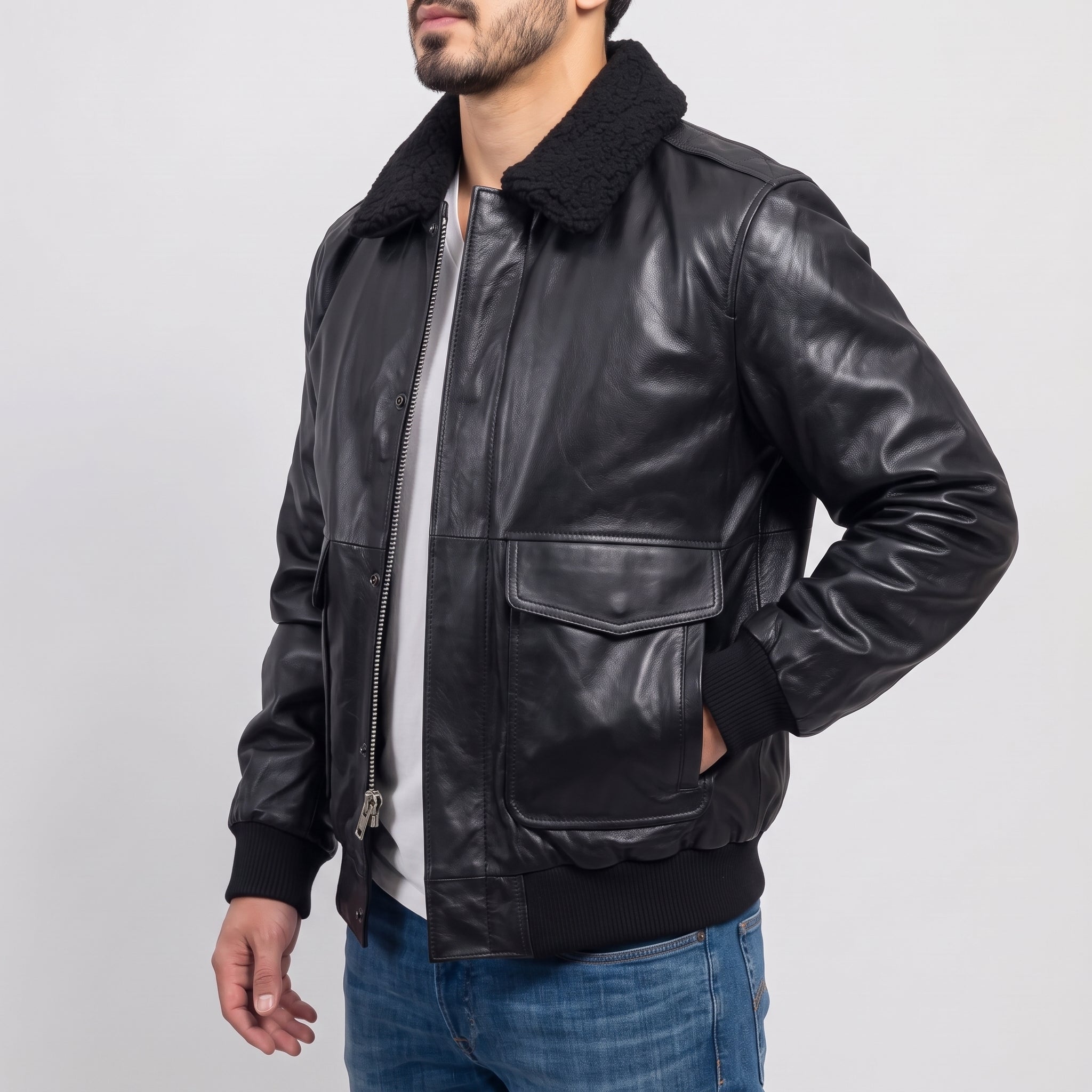 Men's Black Leather Bomber Jacket — Gilchrist