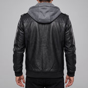 Men's Black Leather Bomber Jacket with Hoodie — Walsh