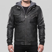 Men's Black Leather Bomber Jacket with Hoodie — Walsh