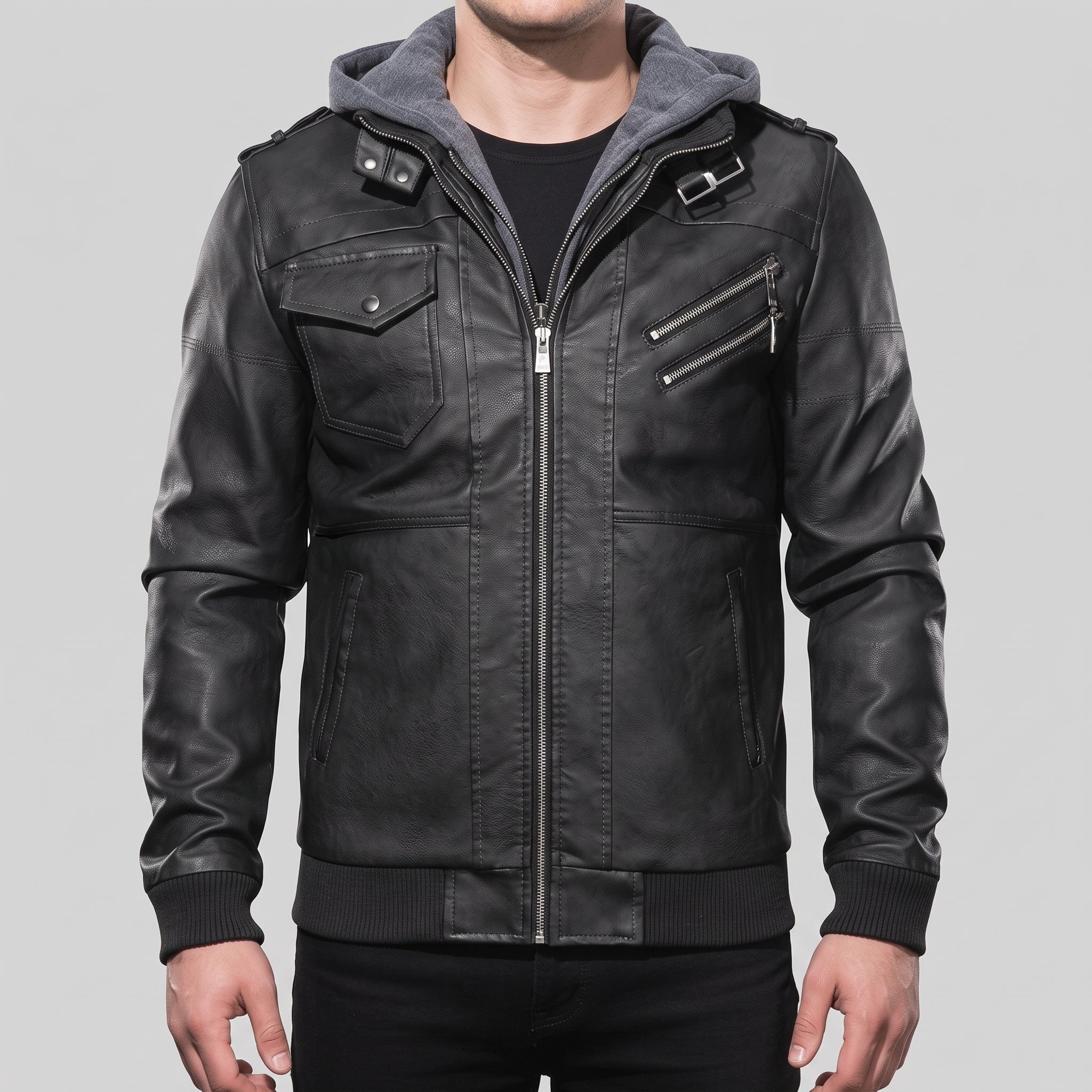 Men's Black Leather Bomber Jacket with Hoodie — Walsh