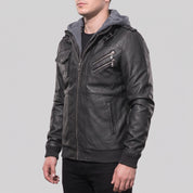 Men's Black Leather Bomber Jacket with Hoodie — Walsh