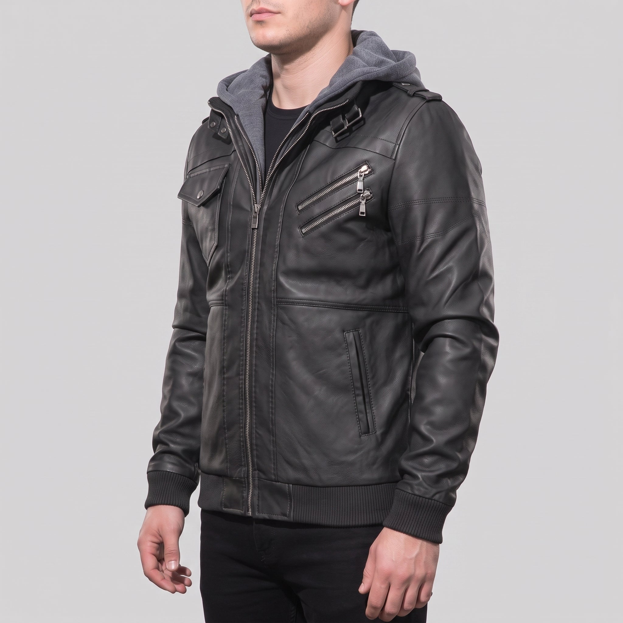 Men's Black Leather Bomber Jacket with Hoodie — Walsh