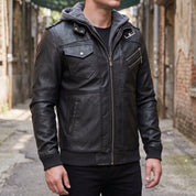 Men's Black Leather Bomber Jacket with Hoodie — Walsh