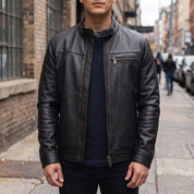 Men's Black Leather Cafe Racer Biker Jacket — Hatton