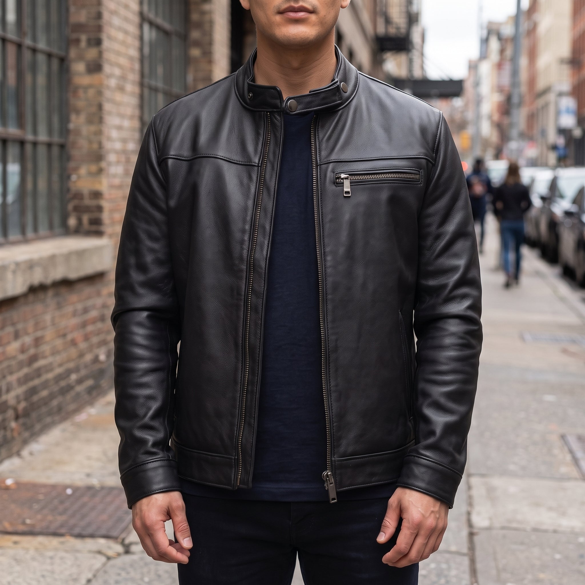 Men's Black Leather Cafe Racer Biker Jacket — Hatton