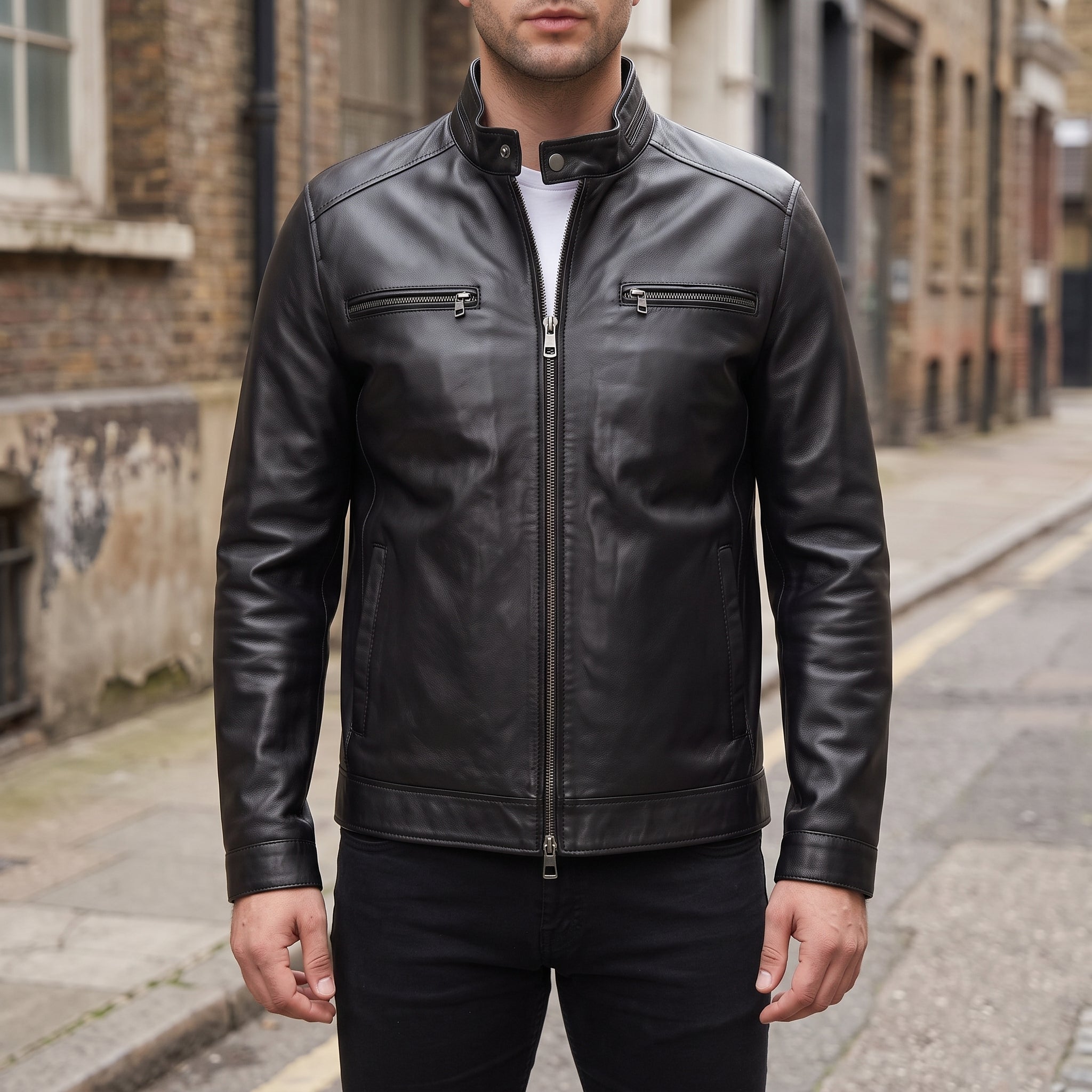 Men's Black Leather Biker Jacket — Highfield