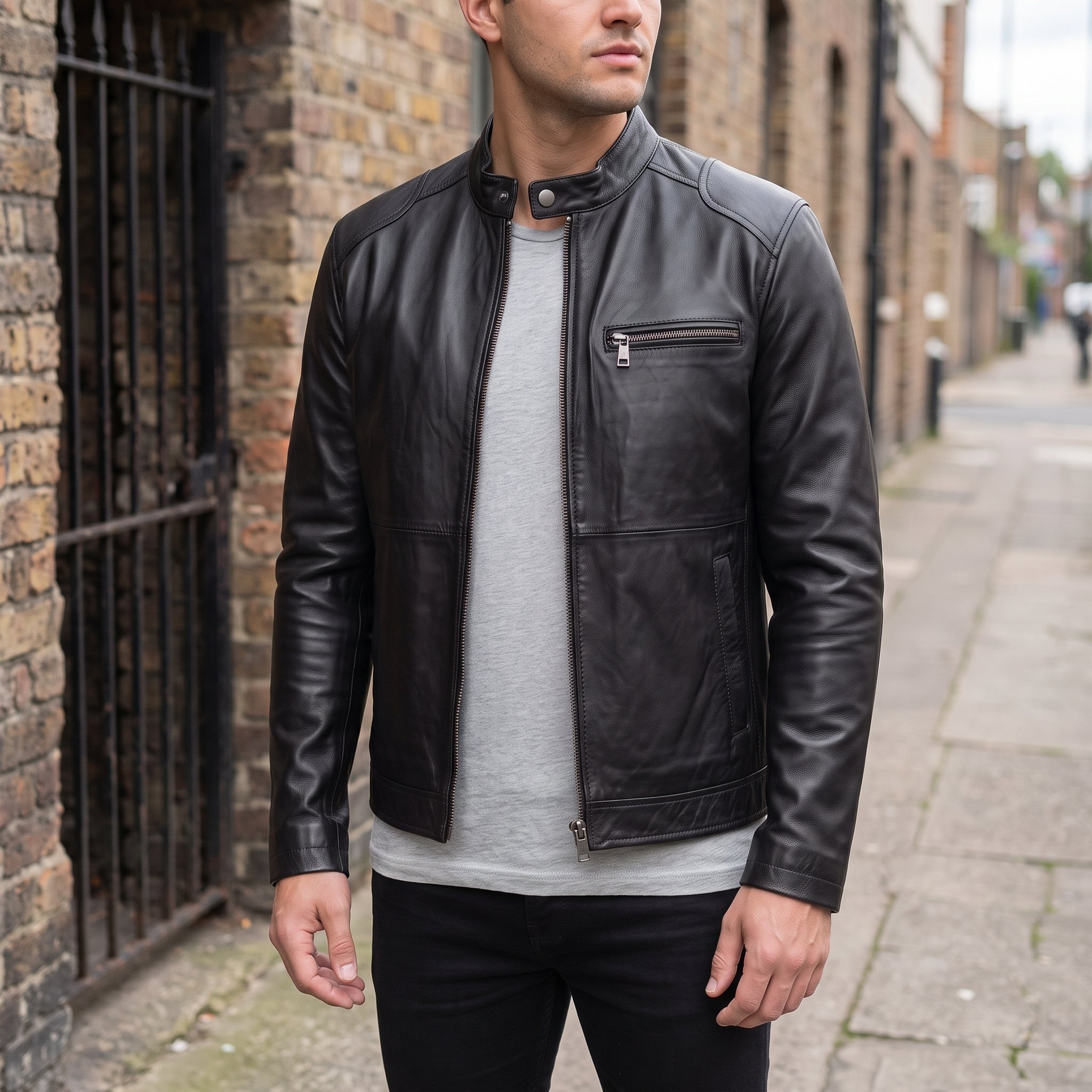 Men's Black Leather Cafe Racer Jacket — Kendal