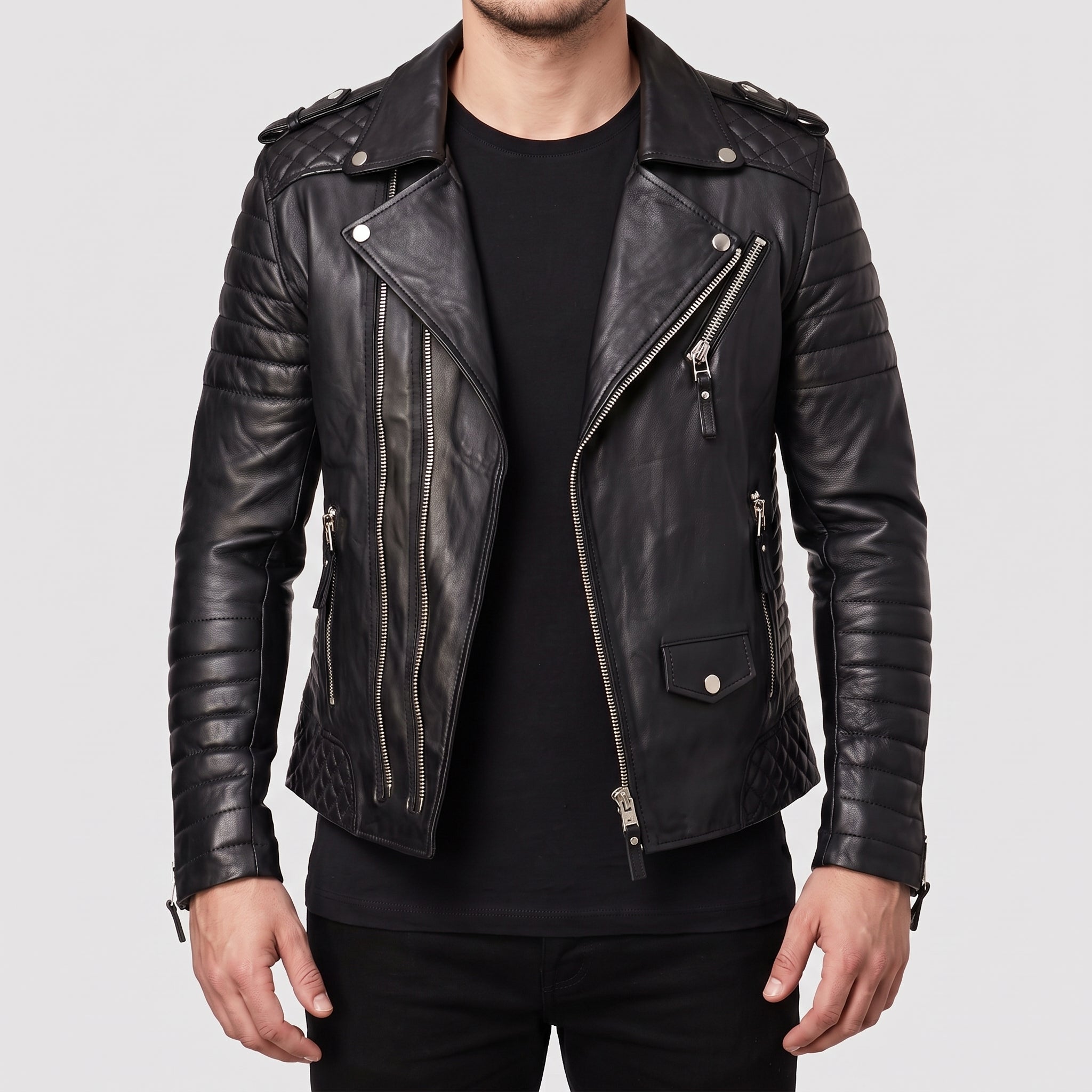 Men's Black Leather Biker Jacket — Carson