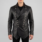 Men's Black Double-Breasted Leather Military Jacket — Bilney