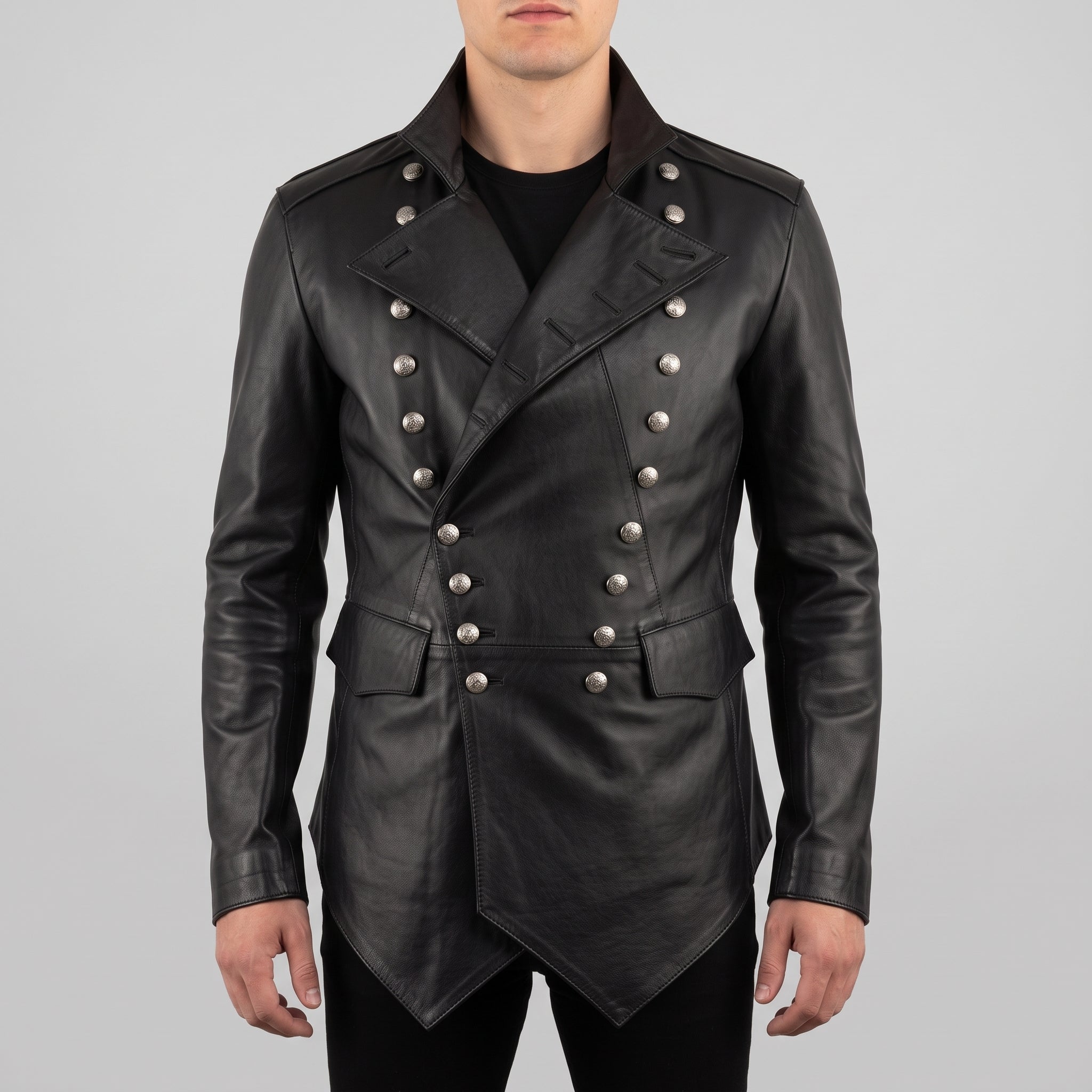 Men's Black Double-Breasted Leather Military Jacket — Bilney