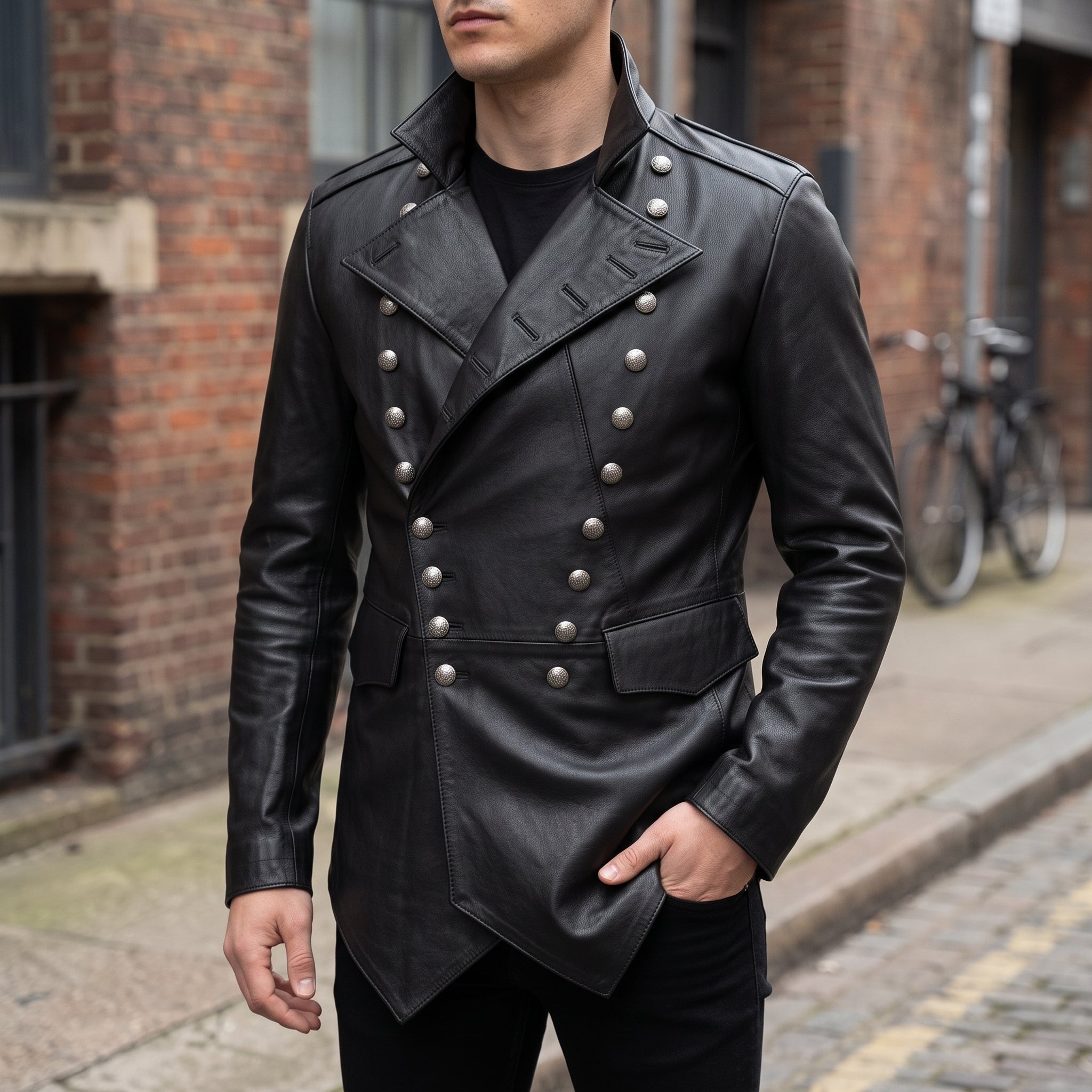 Men's Black Double-Breasted Leather Military Jacket — Bilney