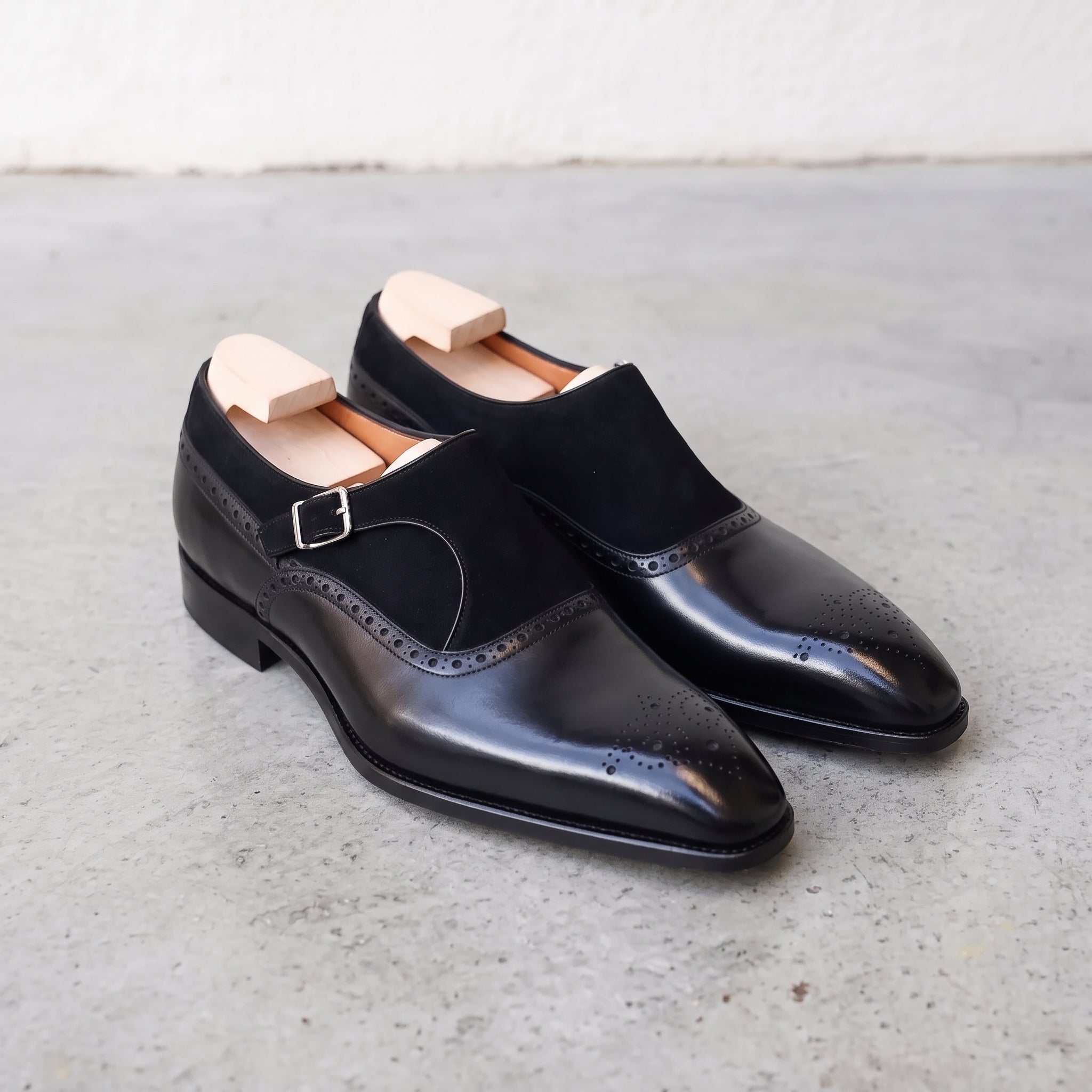 Handmade Men's Black Leather and Suede Formal Monk Shoes - Men's Black Shoes