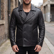 Men's Black Leather Pea Coat — Rowley