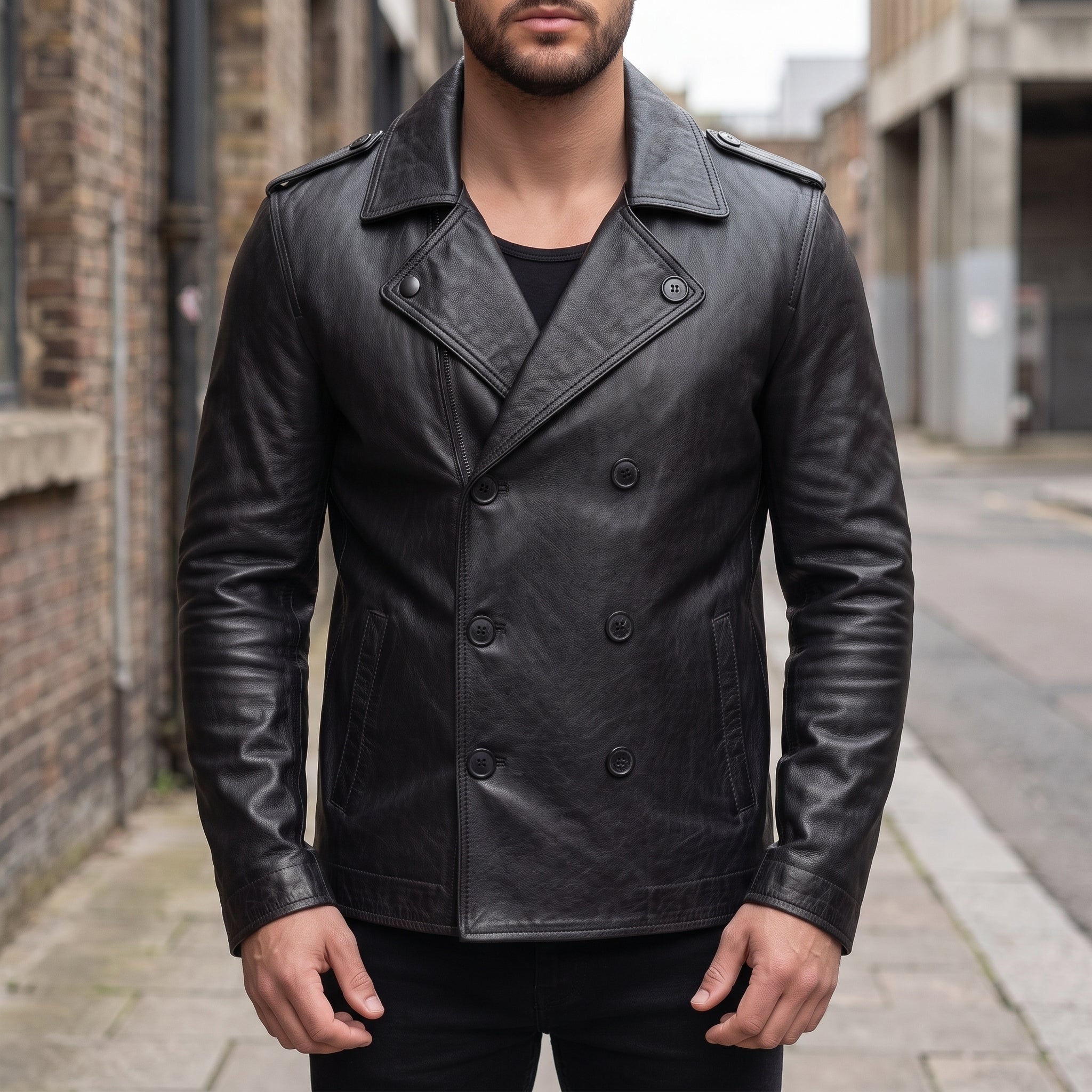 Men's Black Leather Pea Coat — Rowley