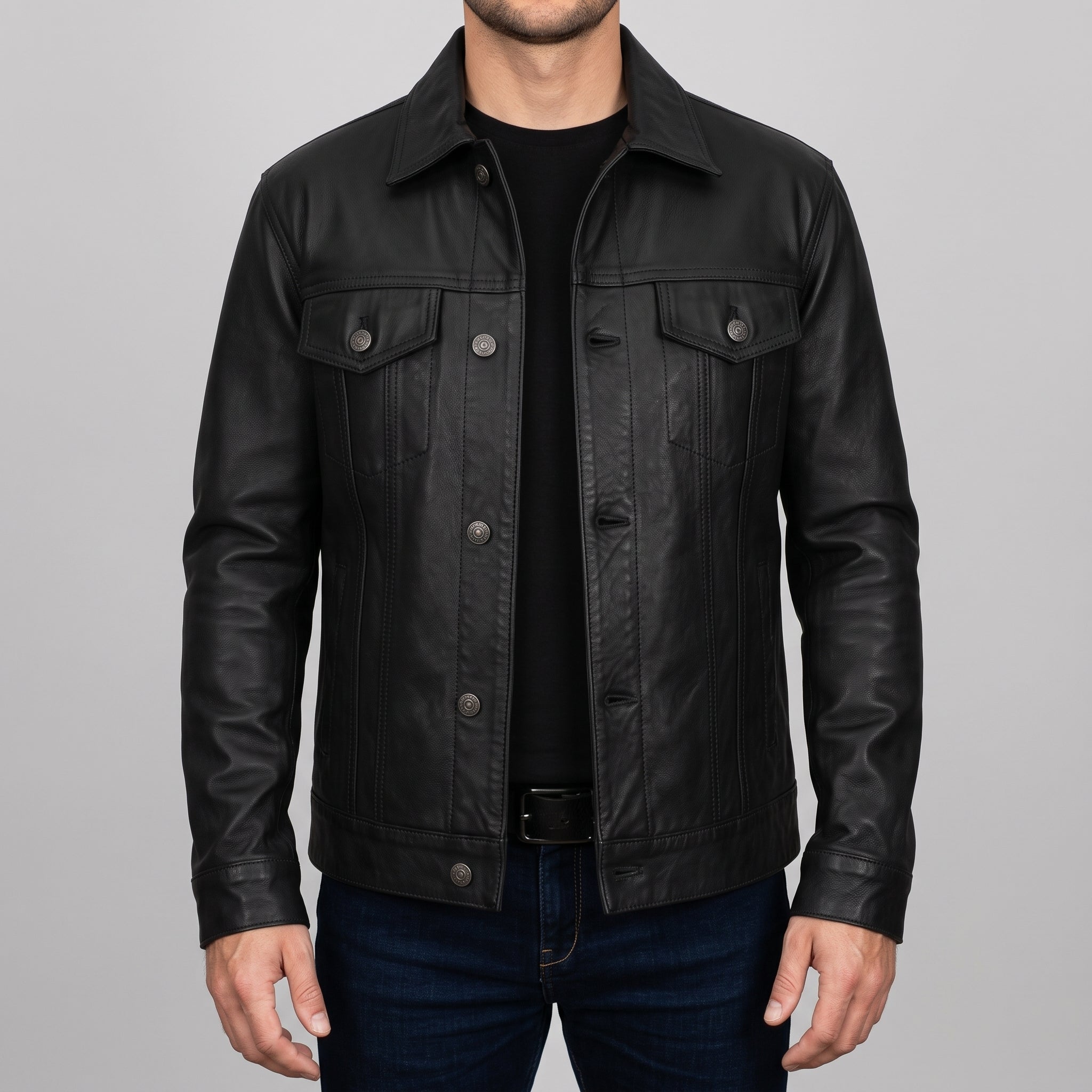 Men's Black Leather Trucker Jacket — Dyer