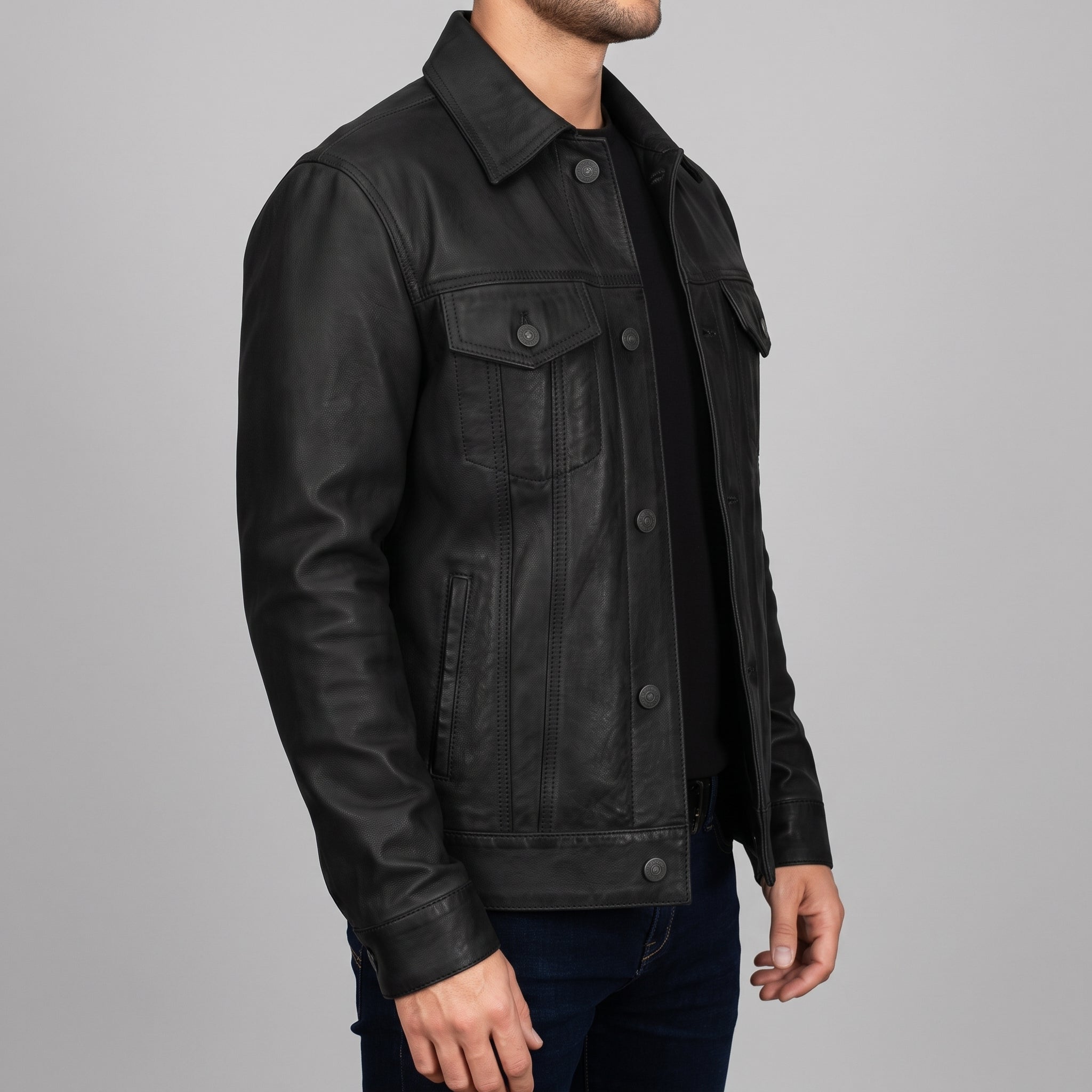 Men's Black Leather Trucker Jacket — Dyer