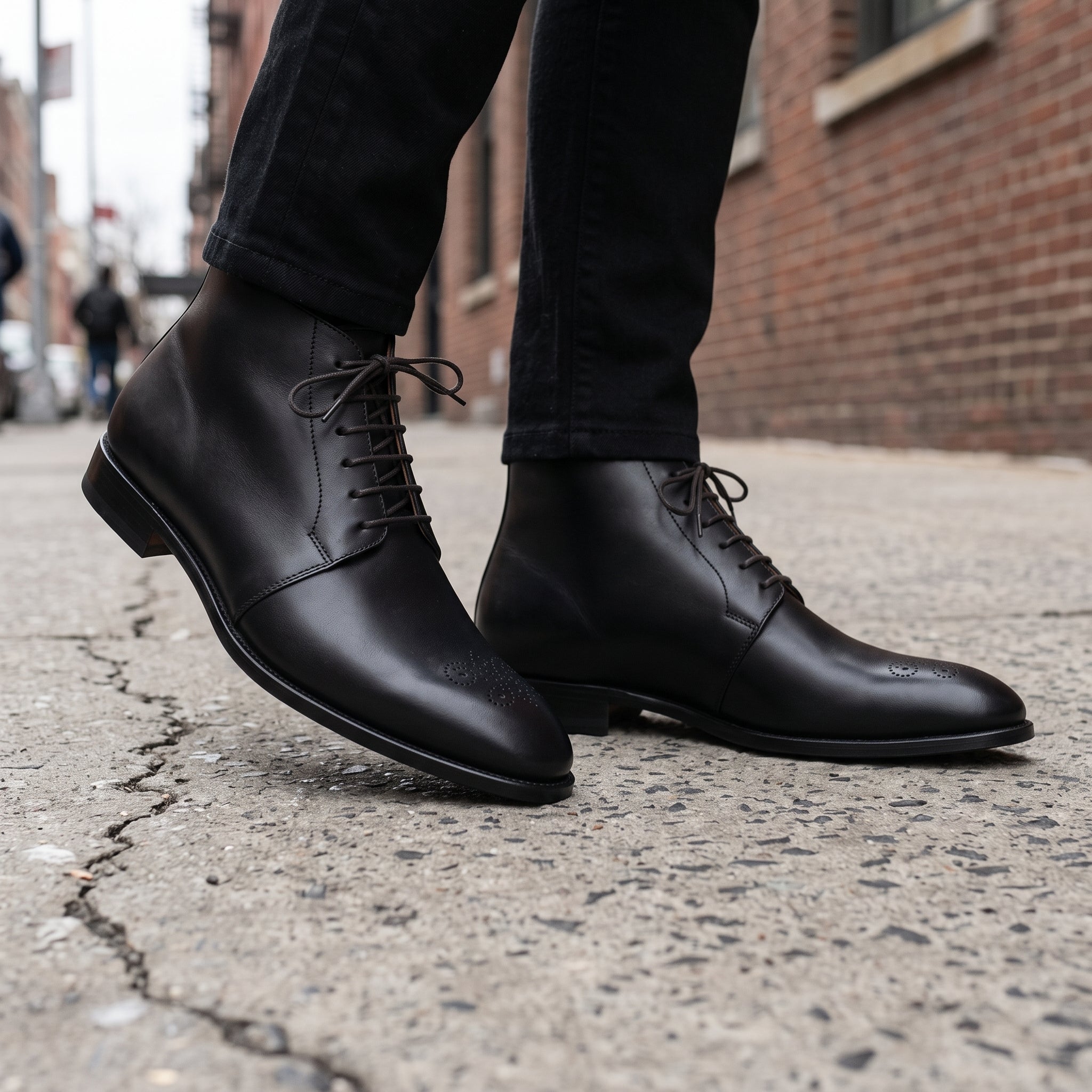 Men's Black Medallion-Toe Leather Side-Lace Boots — Oldham