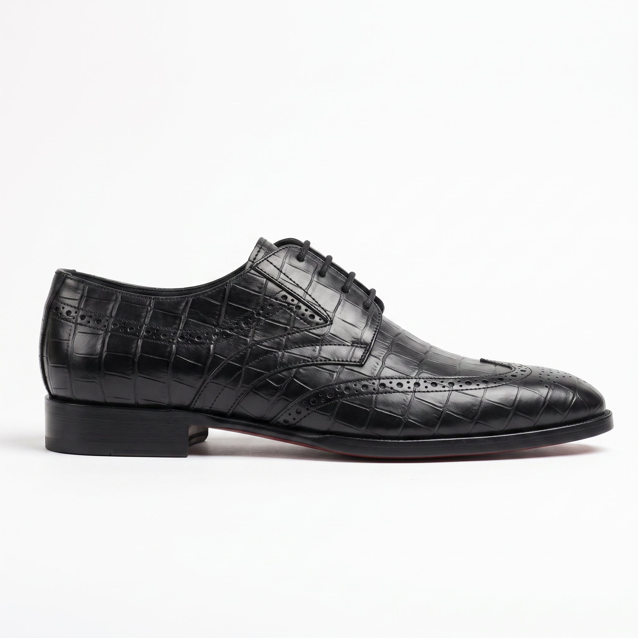 Men's Black Ostrich-Embossed Leather Wingtip Derbys — Farnell
