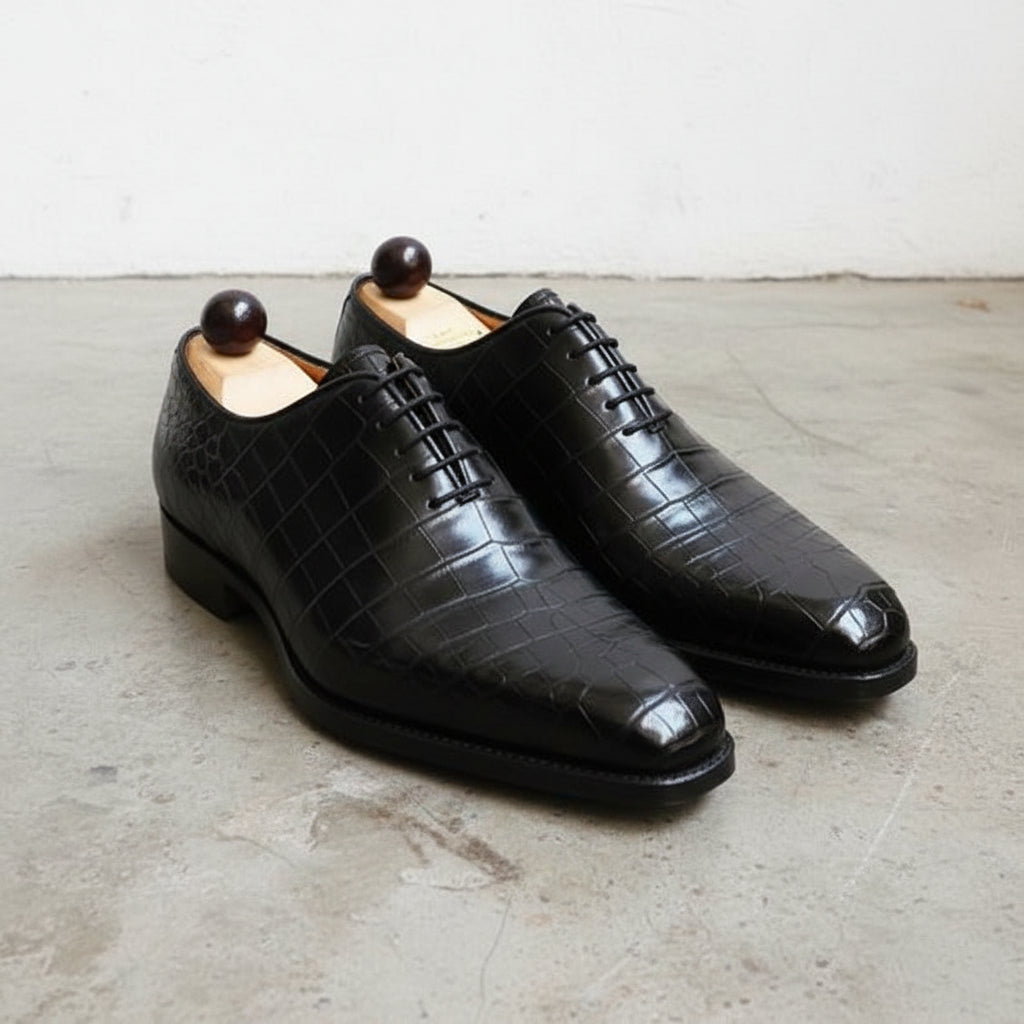 Mens Black Oxfords shoes, Crocodile Patterned Black leather Dress shoes men - angle-view-showing-depth