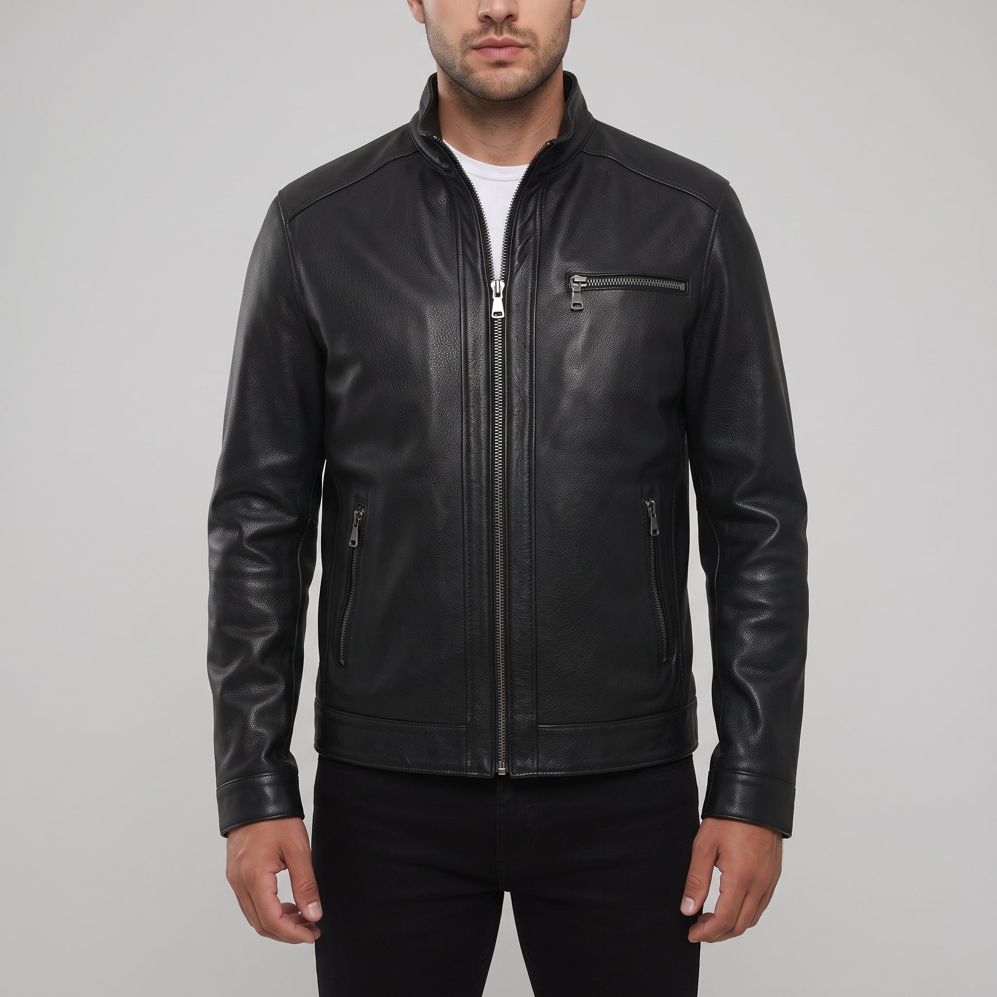 Men's Black Pebbled Leather Cafe Racer Jacket — Ardington