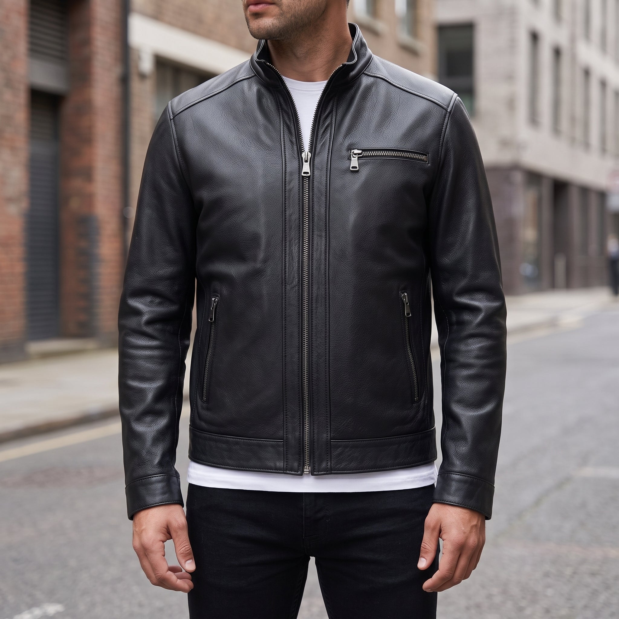 Men's Black Pebbled Leather Cafe Racer Jacket — Ardington