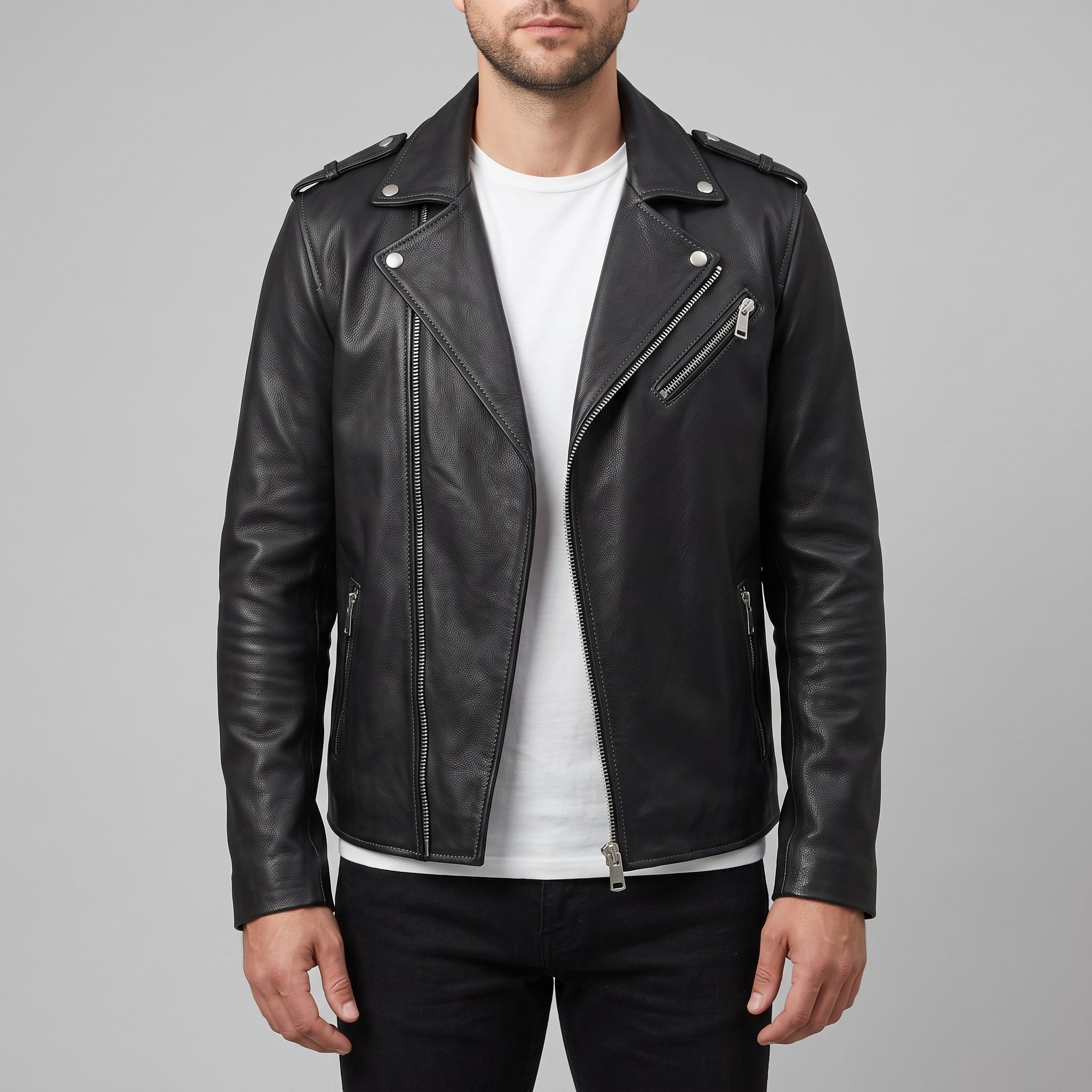 Men's Black Pebbled Leather Biker Jacket — Ashburton