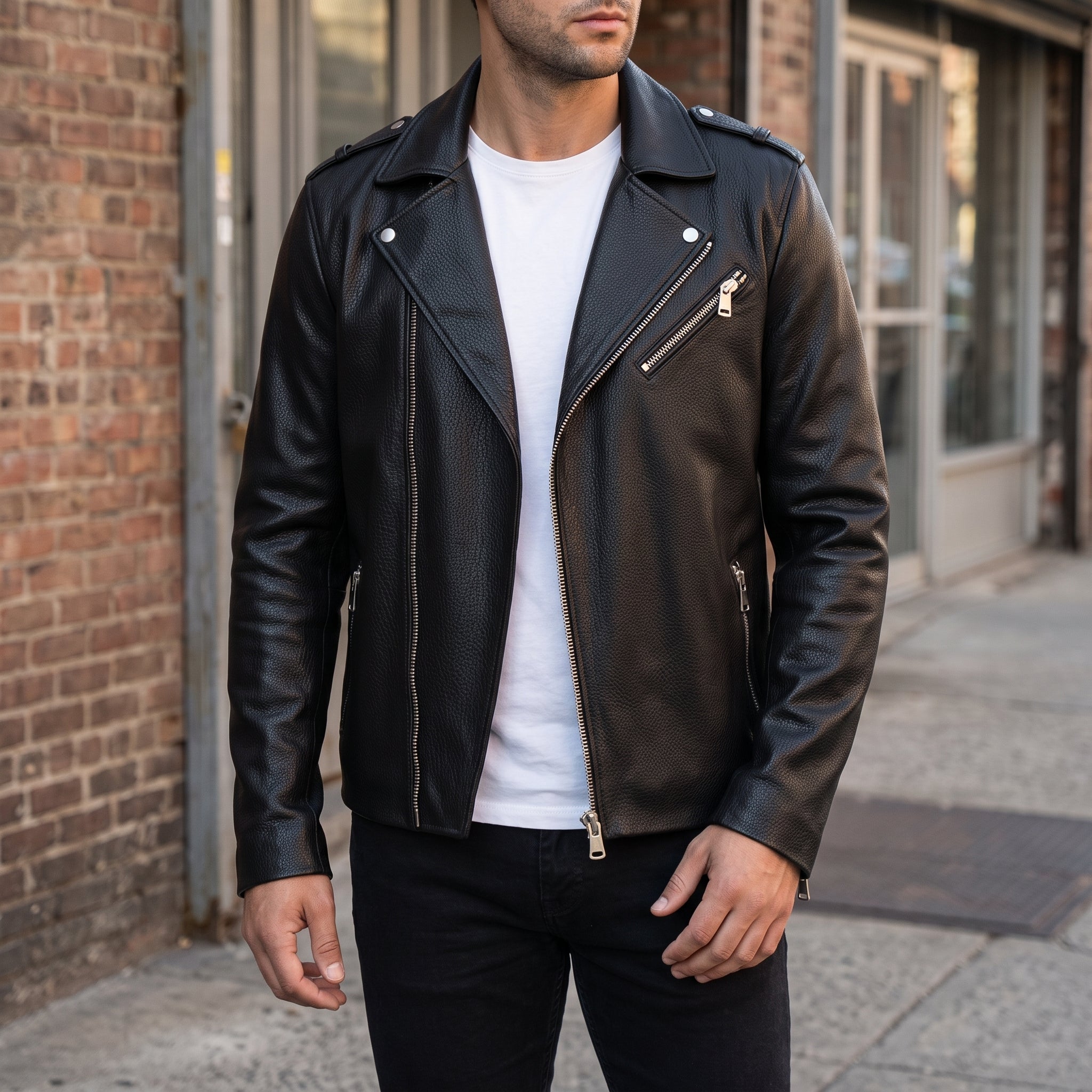 Men's Black Pebbled Leather Biker Jacket — Ashburton