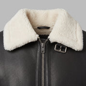 Men's Black Pebbled Leather Shearling-Lined B-3 Bomber Jacket — Cromer