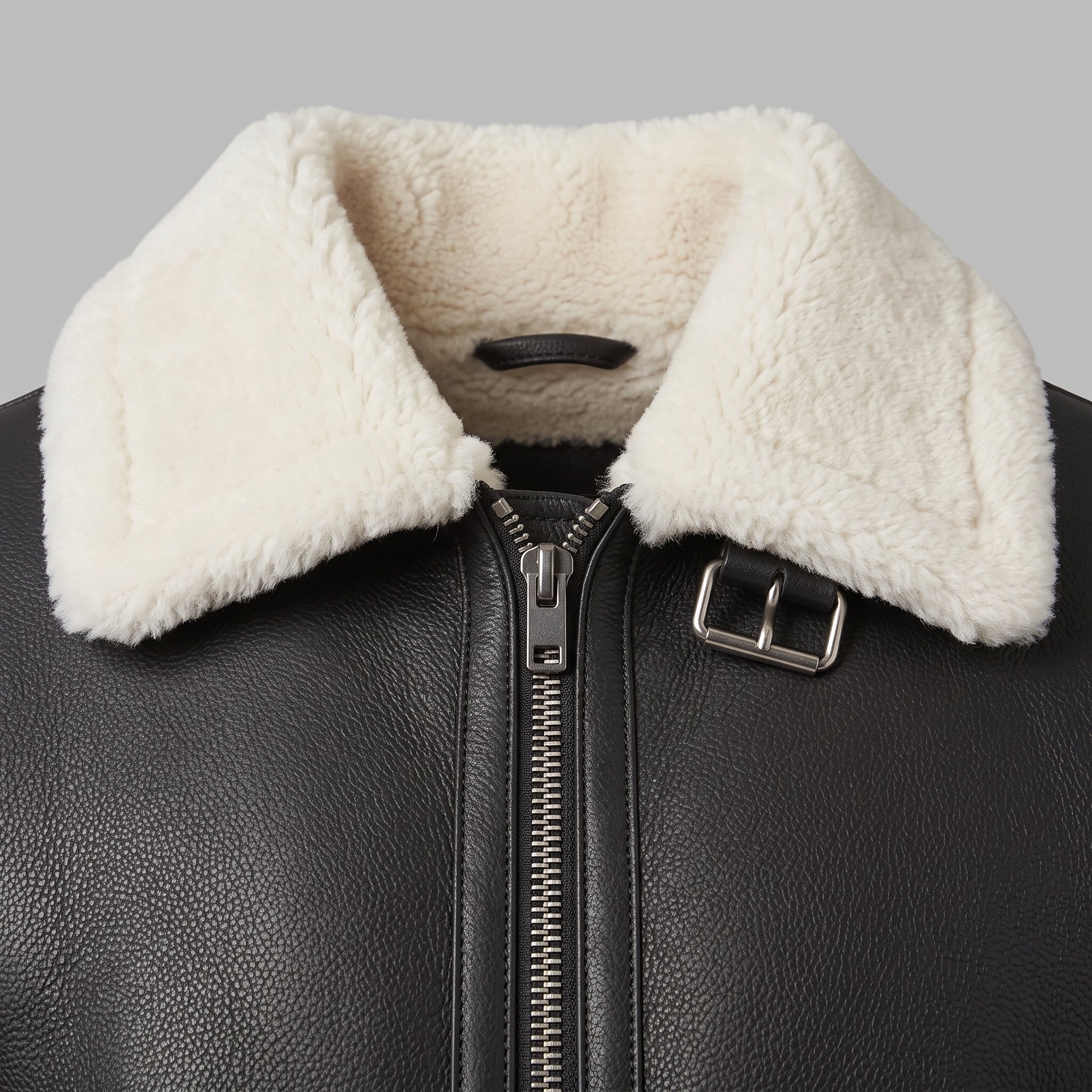 Men's Black Pebbled Leather Shearling-Lined B-3 Bomber Jacket — Cromer