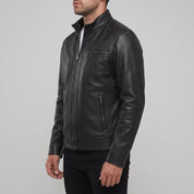 Men's Black Pebbled Leather Cafe Racer Jacket — Ardington