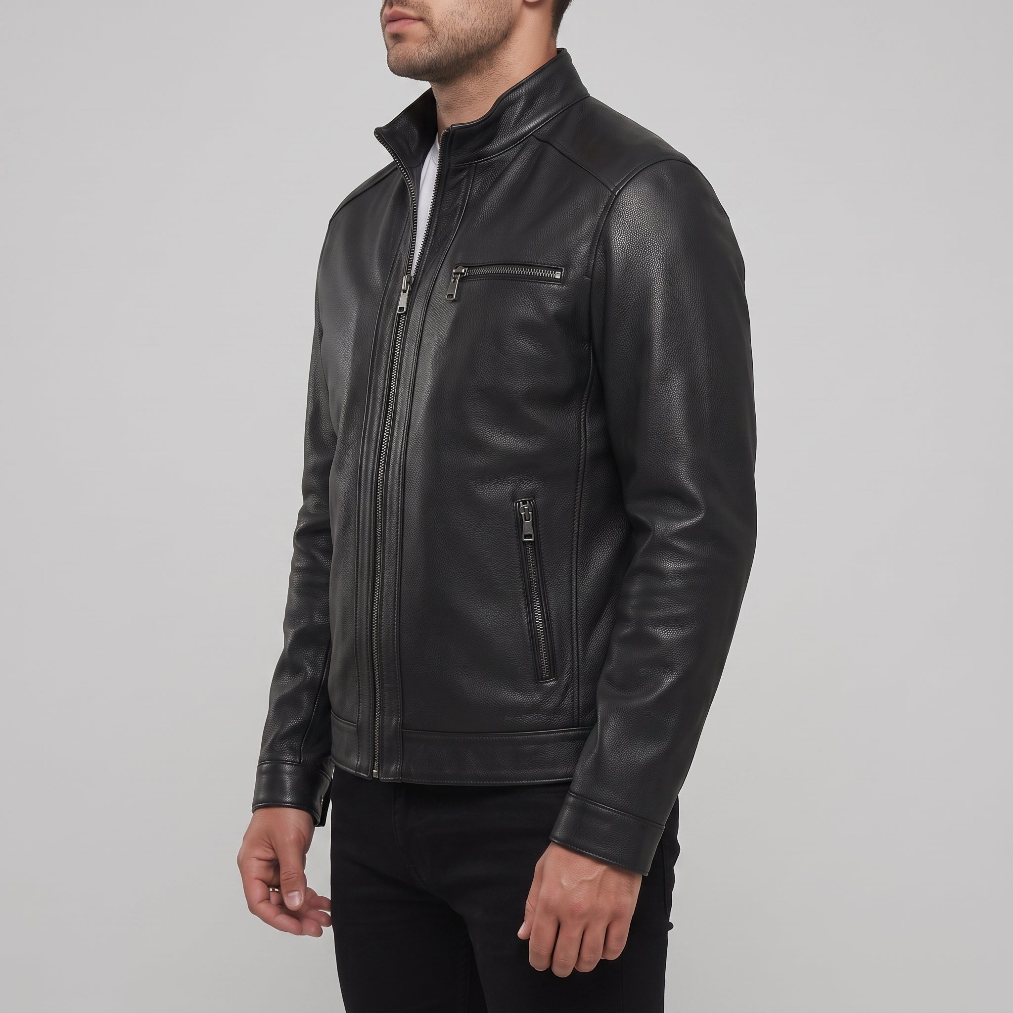 Men's Black Pebbled Leather Cafe Racer Jacket — Ardington
