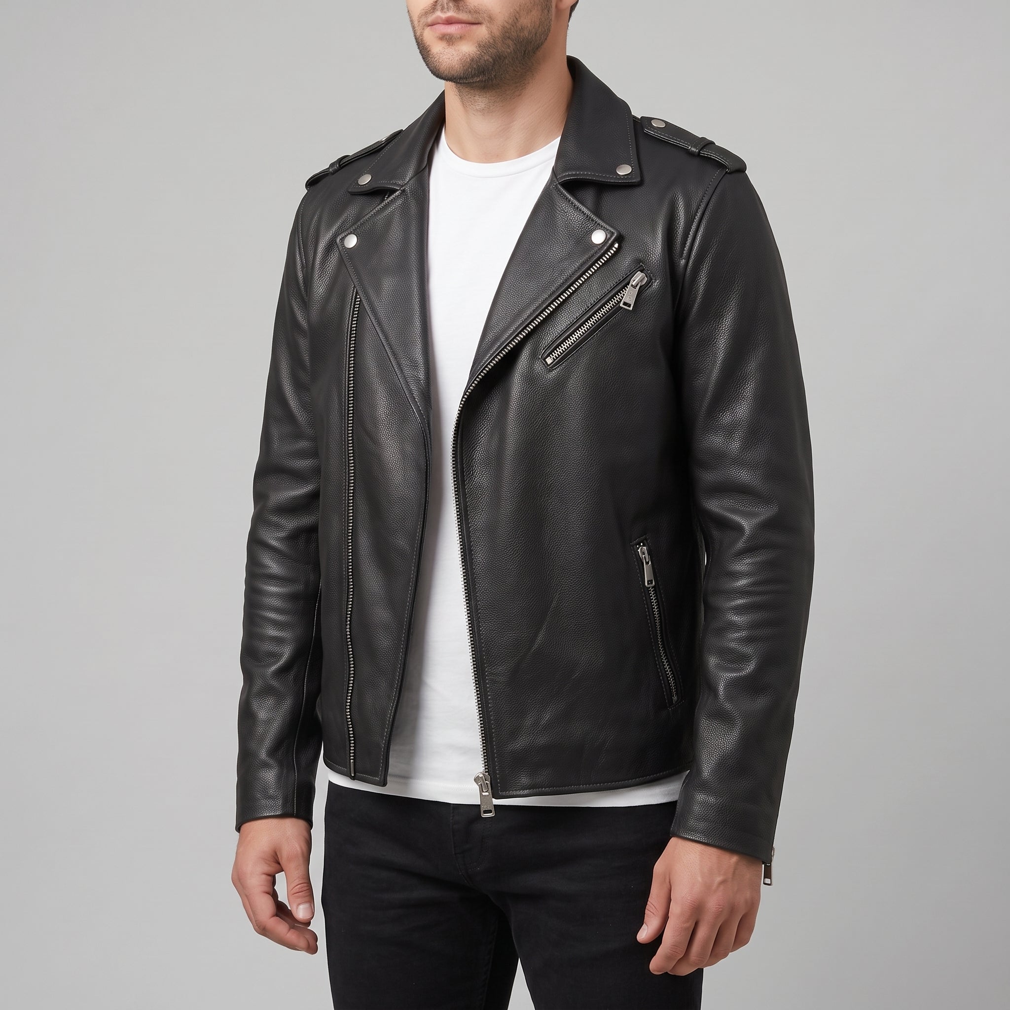 Men's Black Pebbled Leather Biker Jacket — Ashburton