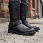 Men's Black Pebbled Leather Plain-Toe Biker Boots — Asfordby