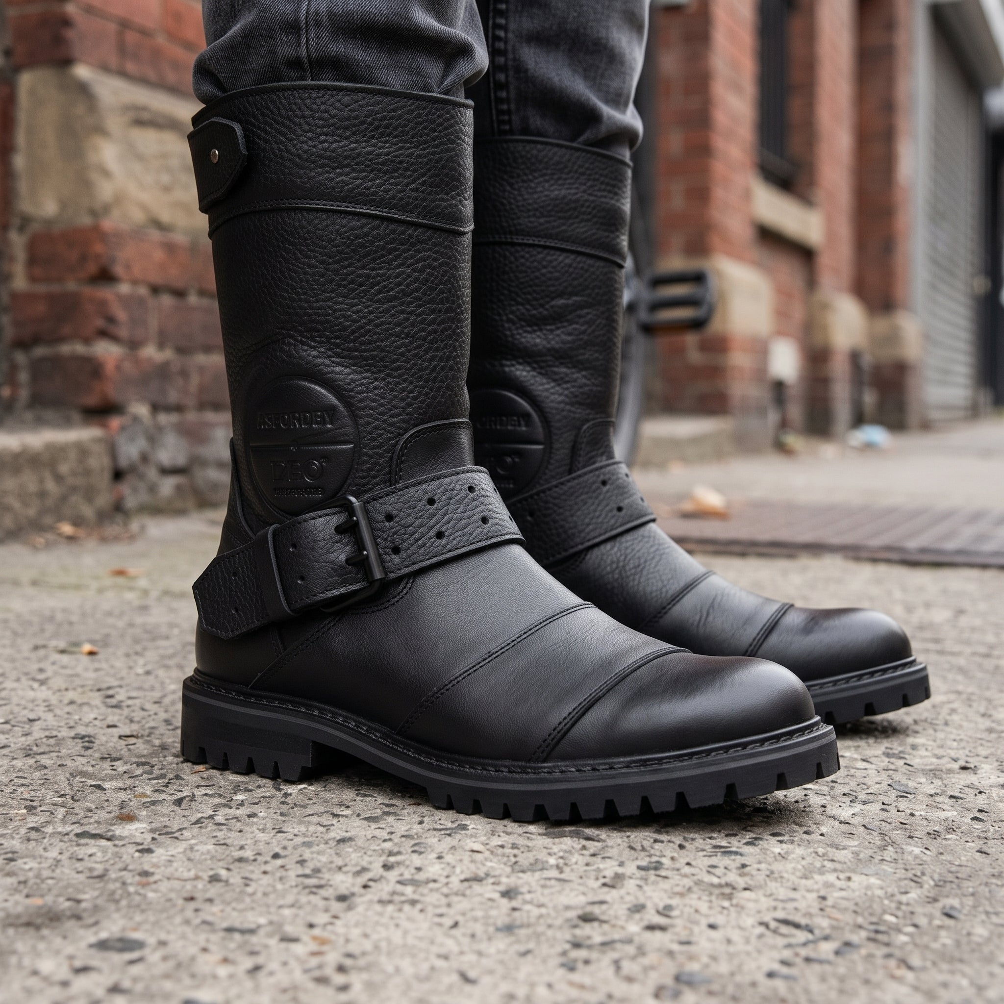 Men's Black Pebbled Leather Plain-Toe Biker Boots — Asfordby