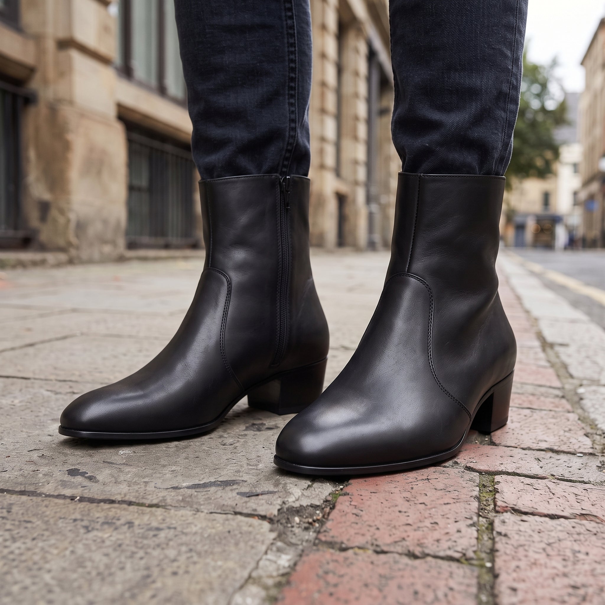 Men's Black Plain-Toe Leather 1.5 -2 Inch Heeled Ankle Boots — Buchanan