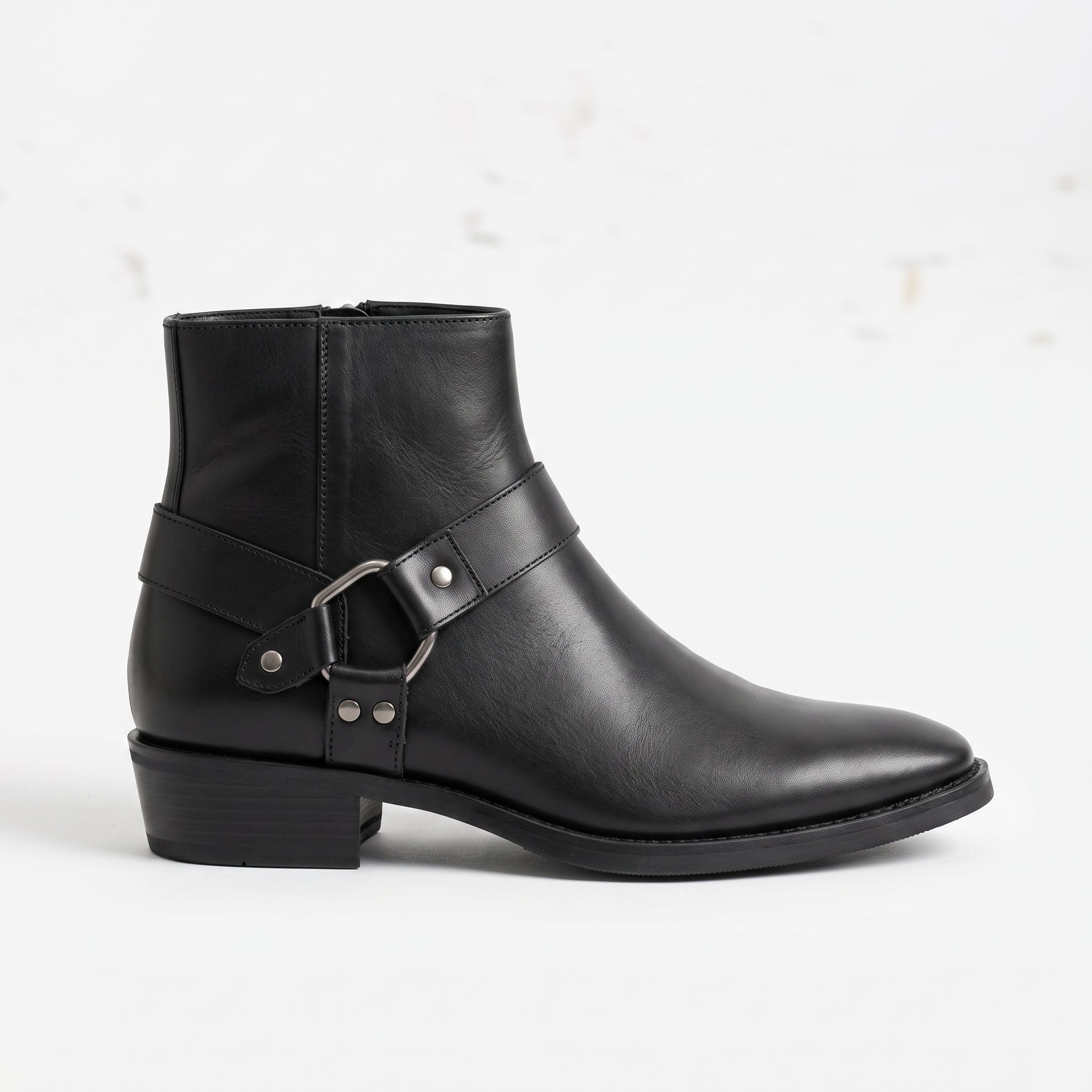 Men's Black Plain-Toe Leather Ankle Biker Boots — Atherton