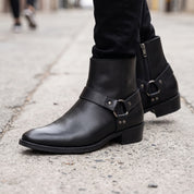 Men's Black Plain-Toe Leather Ankle Biker Boots — Atherton