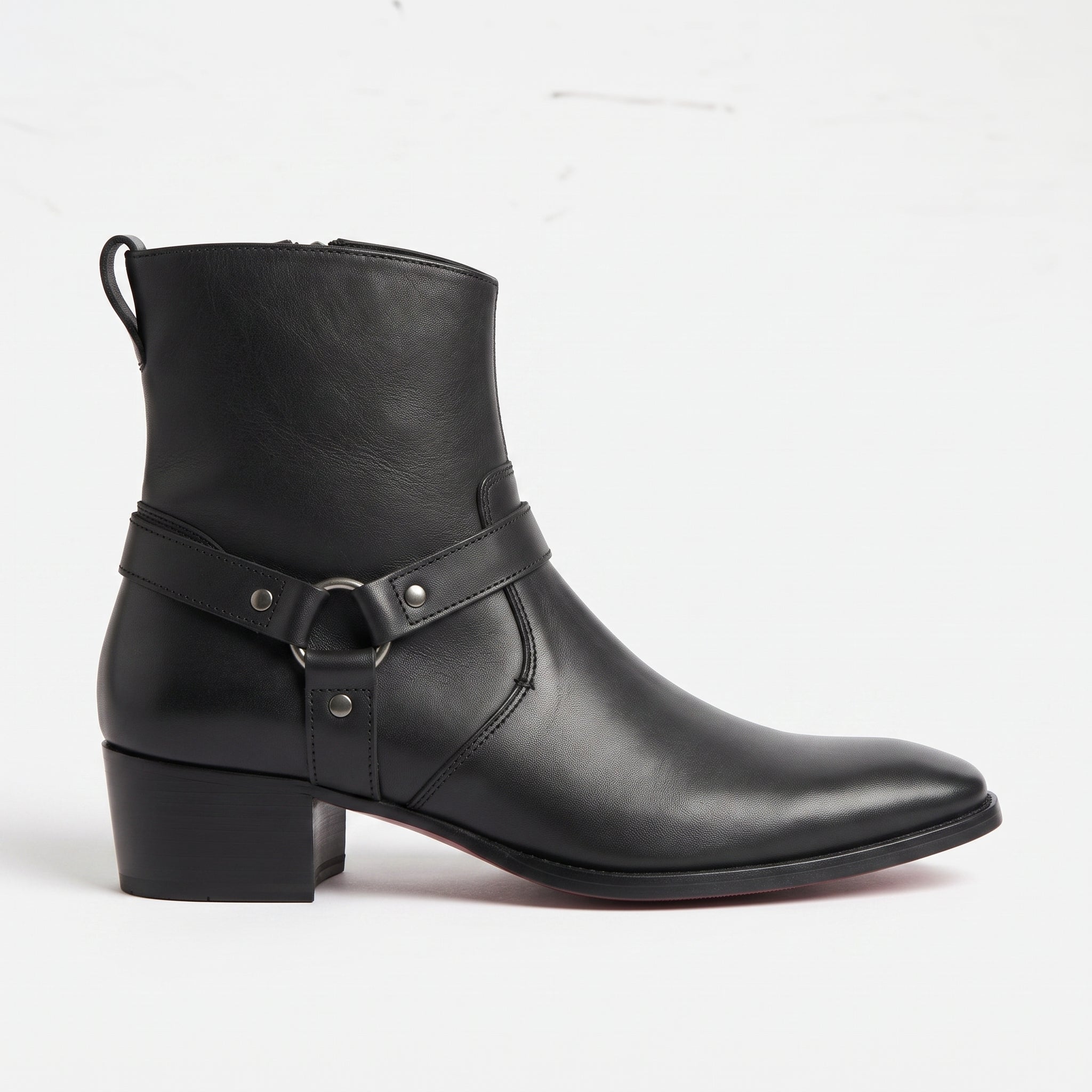 Men's Black Plain-Toe Leather Harness Boots — Bardon