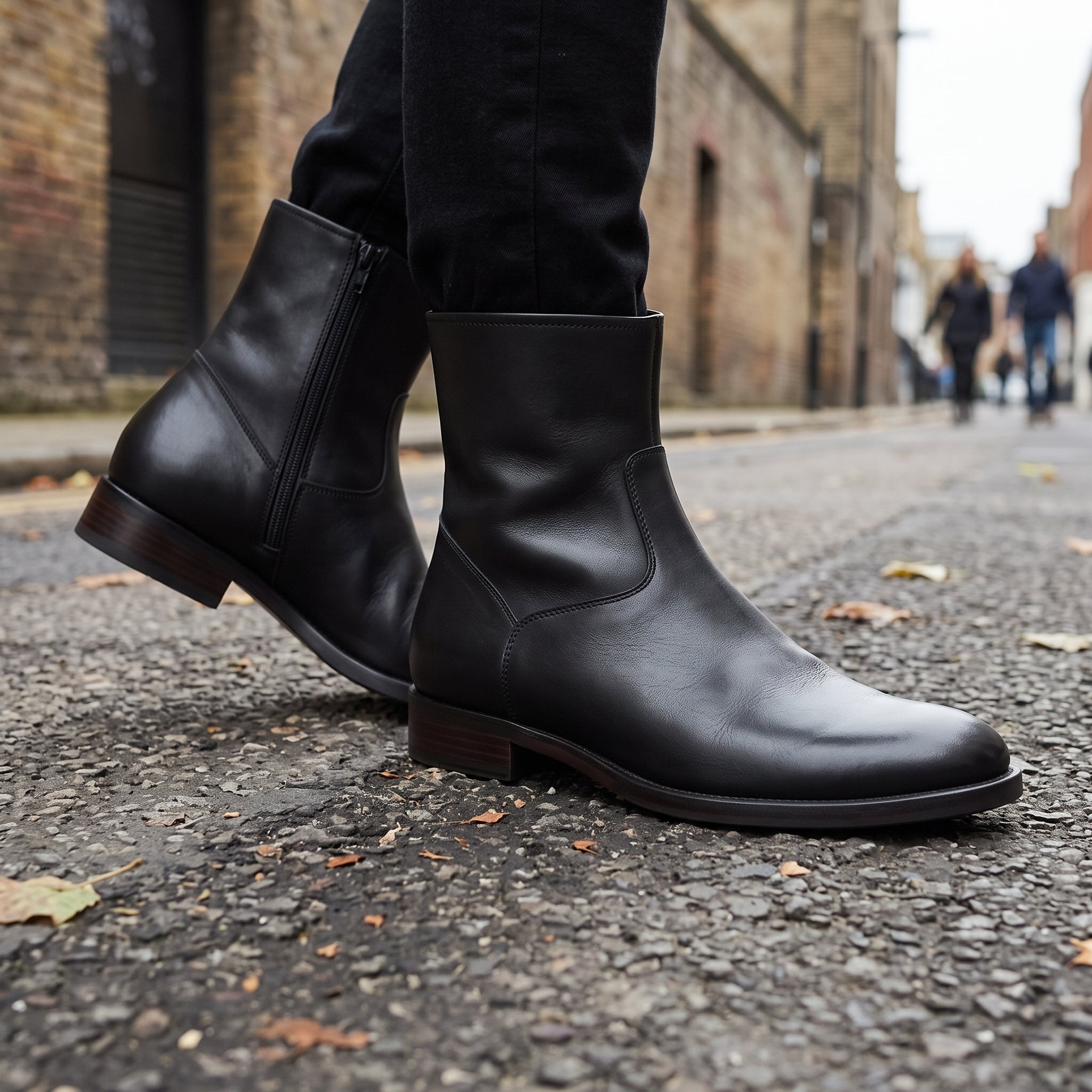 Men's Black Plain-Toe Leather Ankle Side-Zip Boots — Carter