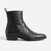 Men's Black Plain-Toe Leather Biker Boots - Blakenham
