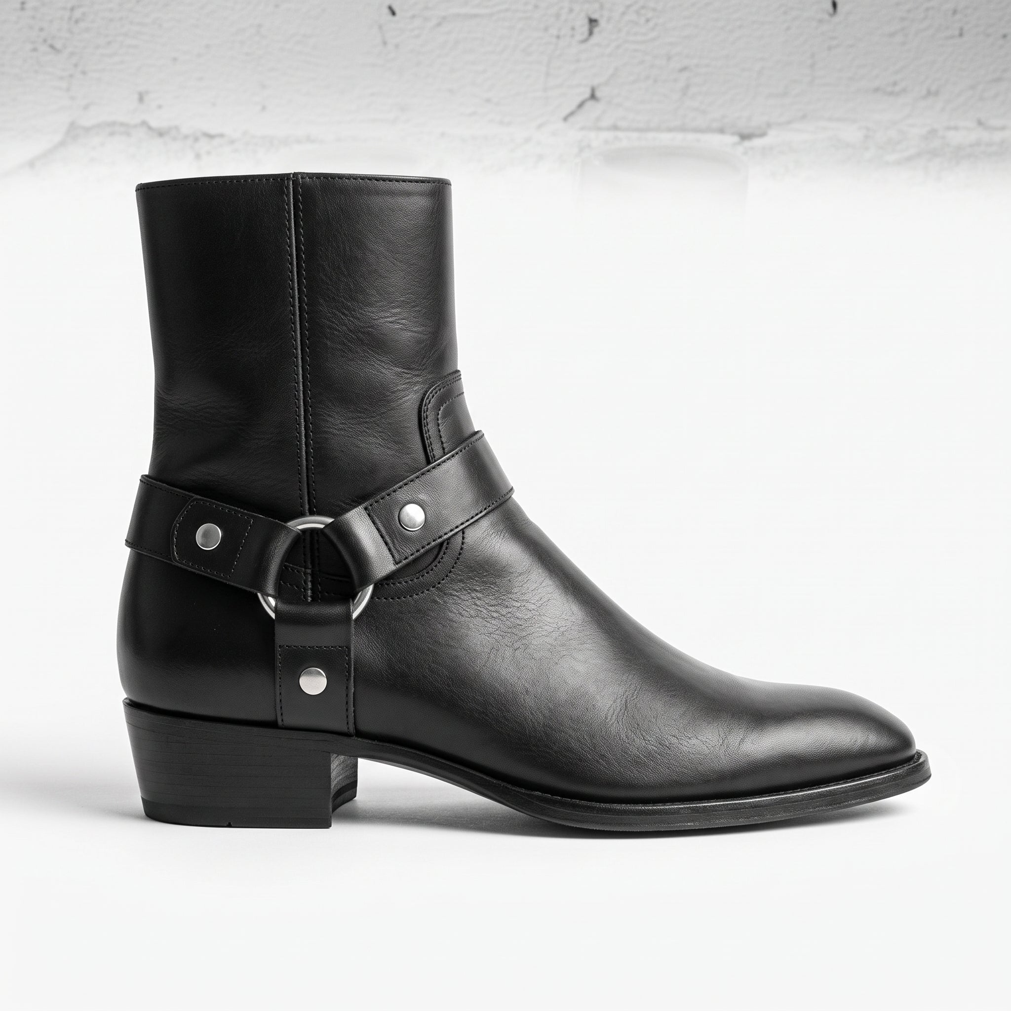 Men's Black Plain-Toe Leather Biker Boots — Hulse