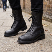 Men's Black Plain-Toe Leather Biker Boots — Wharfedale