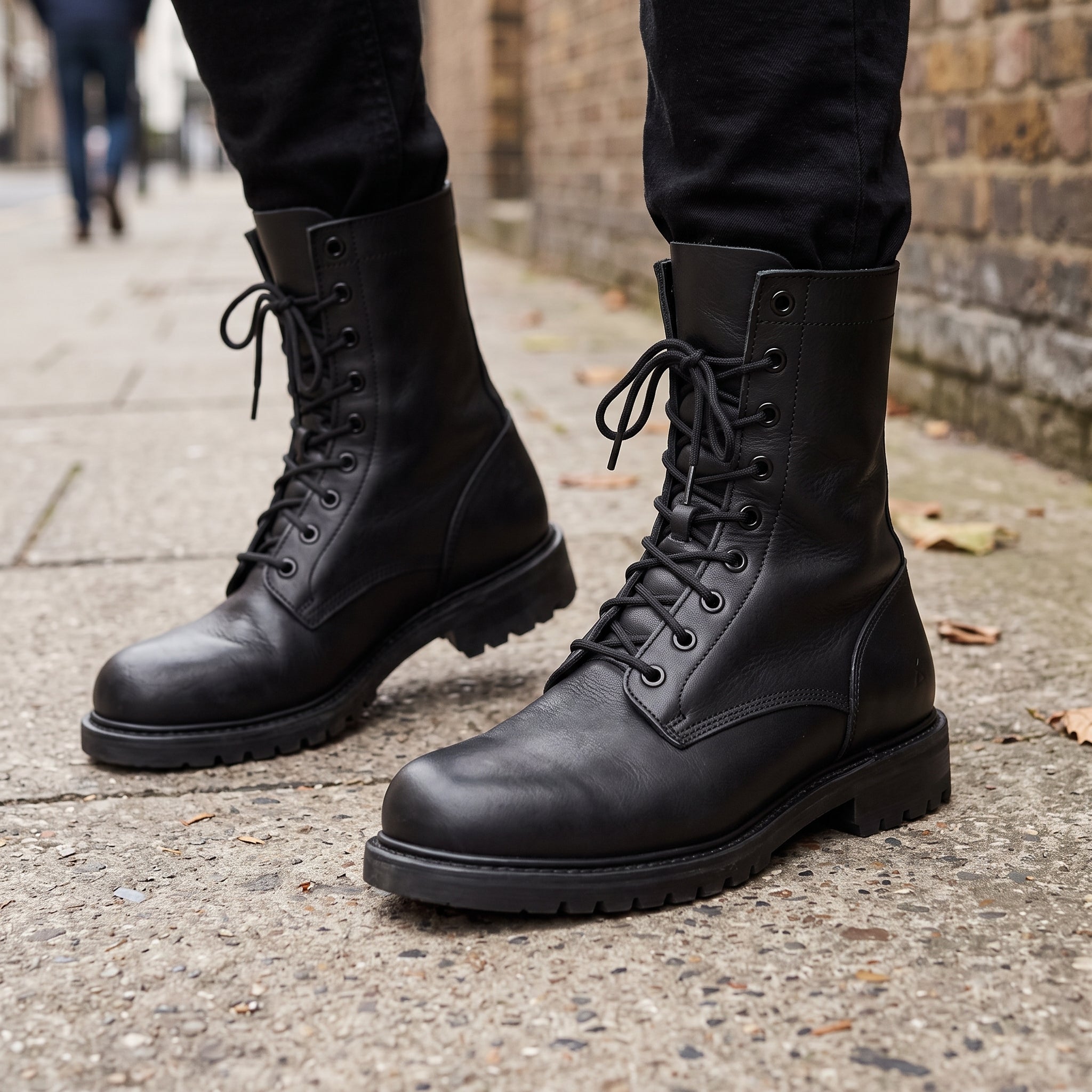 Men's Black Plain-Toe Leather Biker Boots — Wharfedale