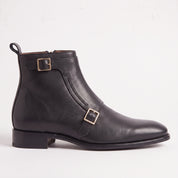 Men's Black Plain-Toe Leather Double Monk Boots — Broomley