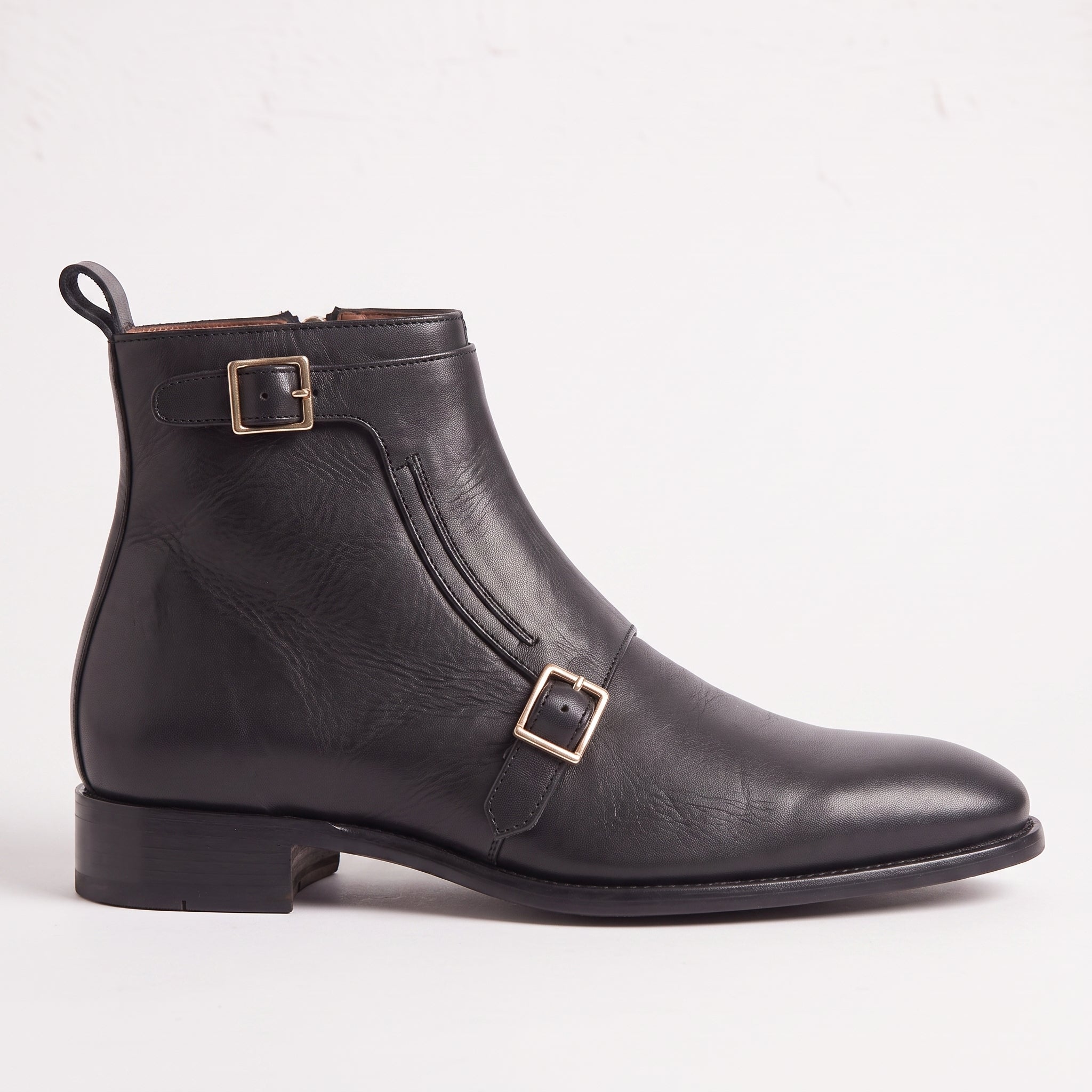 Men's Black Plain-Toe Leather Double Monk Boots — Broomley