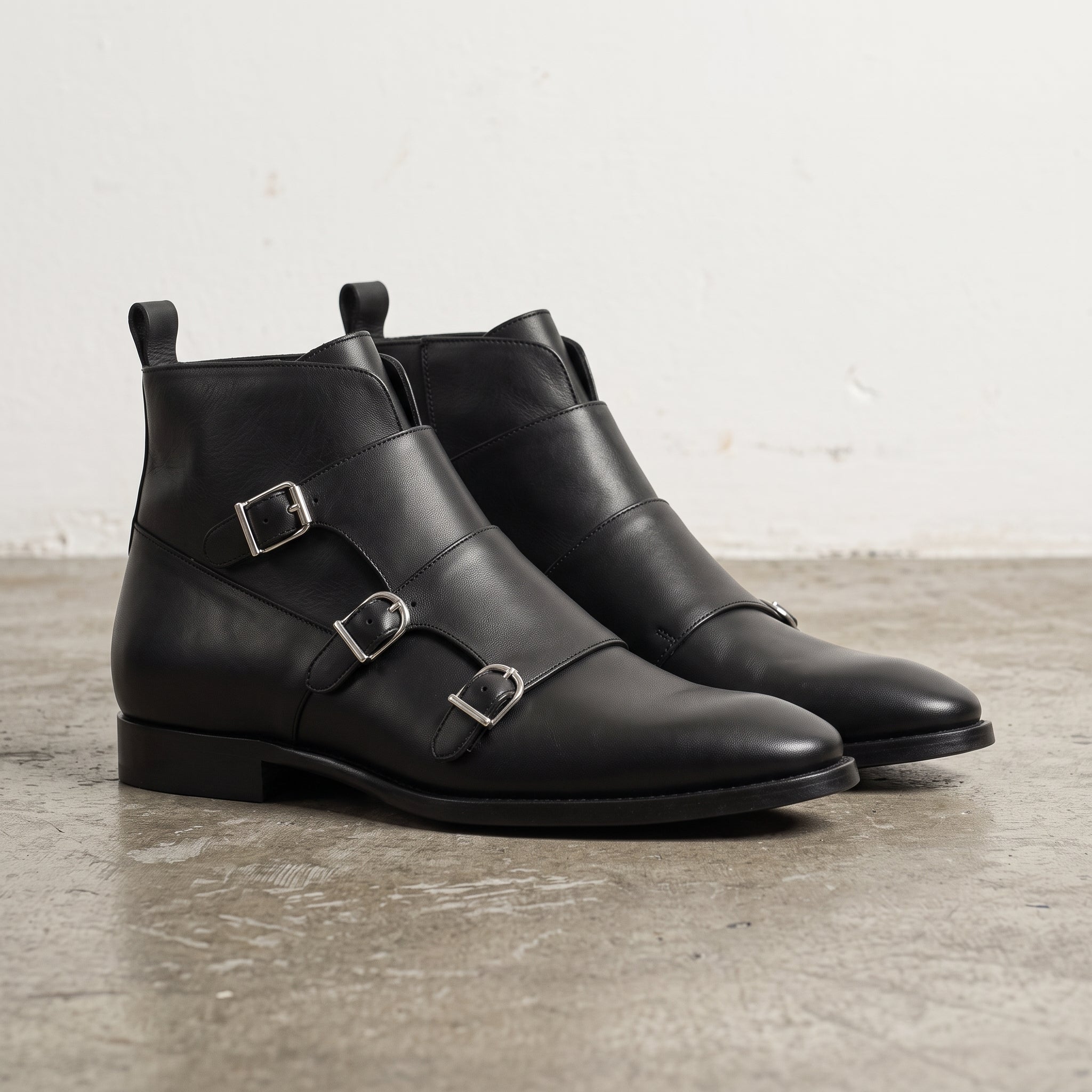 Men's Black Plain-Toe Leather Double Monk Boots — Fovant